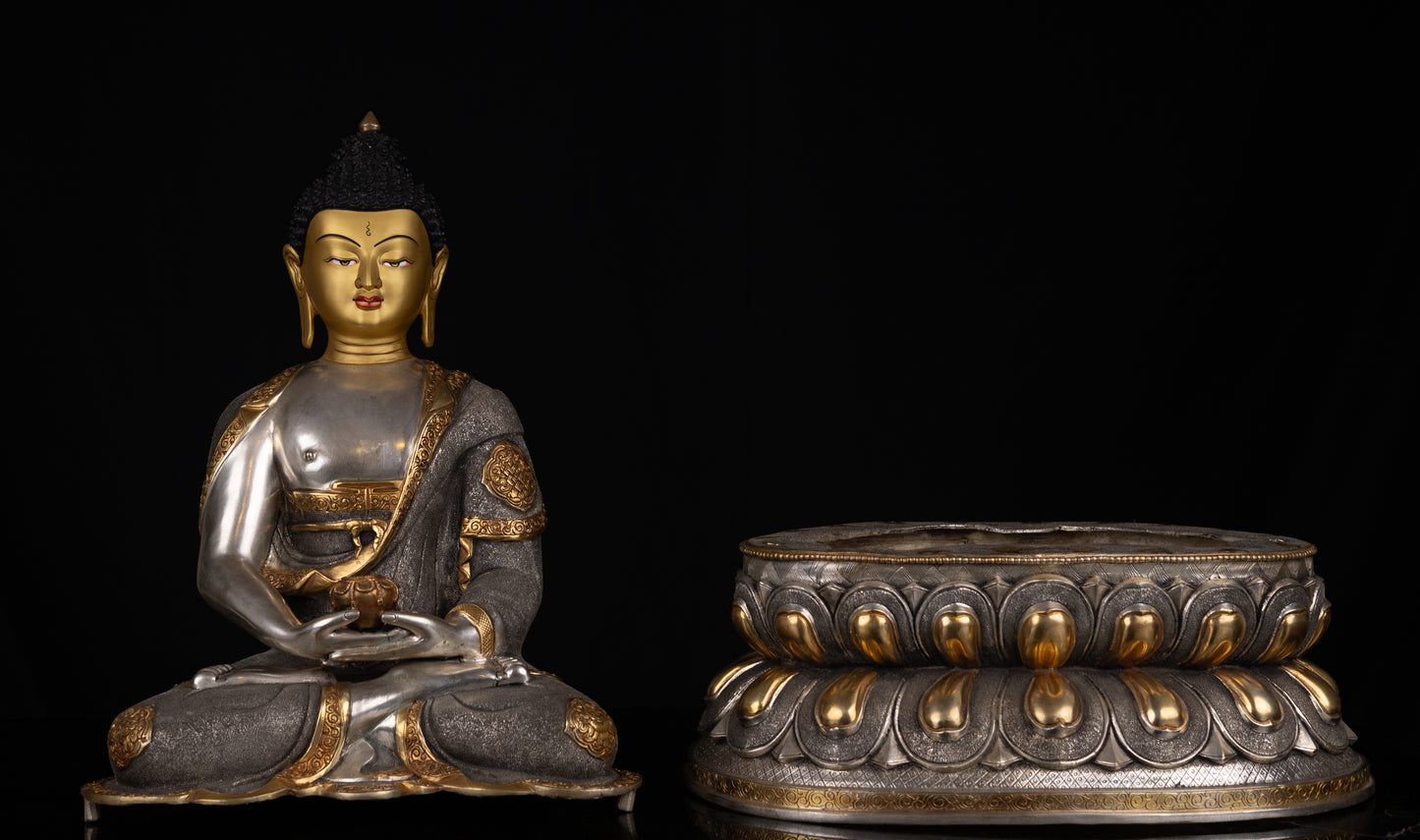 Tibetan Buddhism Gold Face Hand Paint Lord Amitabha Buddha Opakme Silver Gold Plated Copper Hand Craved Statue Sculpture Figure Nepal free