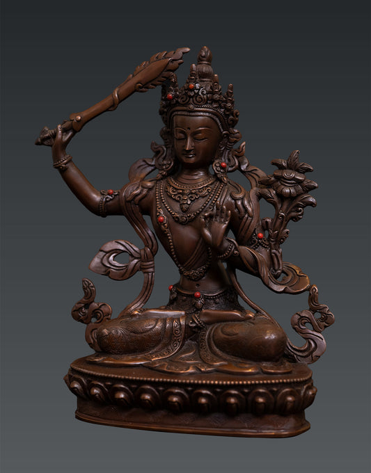 Tibetan Buddhism Lord Maha Manjushree Manjusri Pure Copper Oxide Statue Sculpture free 119e