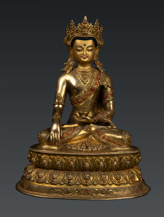 Unique Buddhis Crown Lord Shakyamuni Buddha Gold Plated Pure Copper Coral Stone Statue Sculpture Nepal free 126