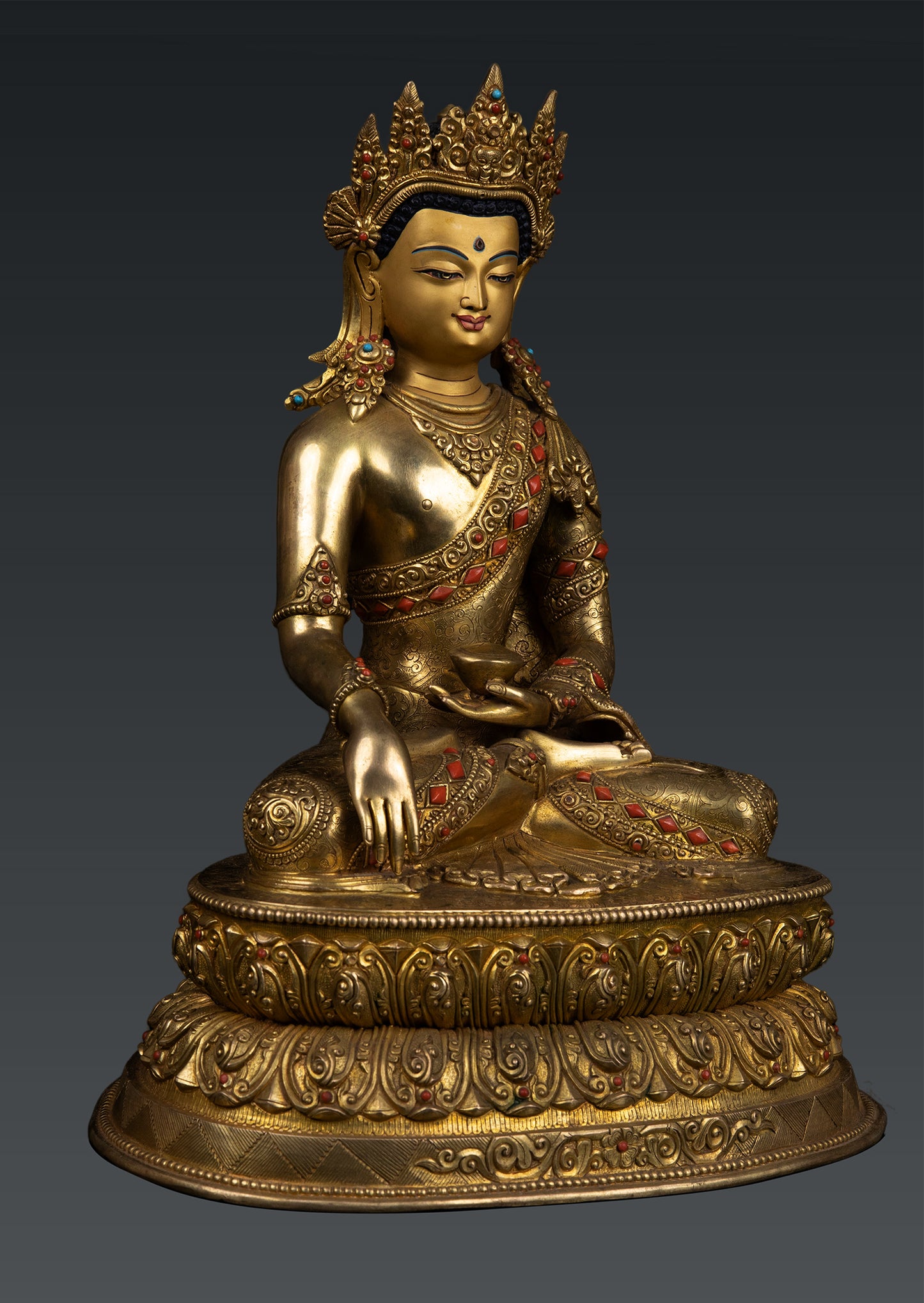 Unique Buddhis Crown Lord Shakyamuni Buddha Gold Plated Pure Copper Coral Stone Statue Sculpture Nepal free 126