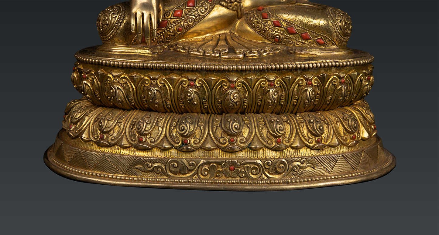 Unique Buddhis Crown Lord Shakyamuni Buddha Gold Plated Pure Copper Coral Stone Statue Sculpture Nepal free 126