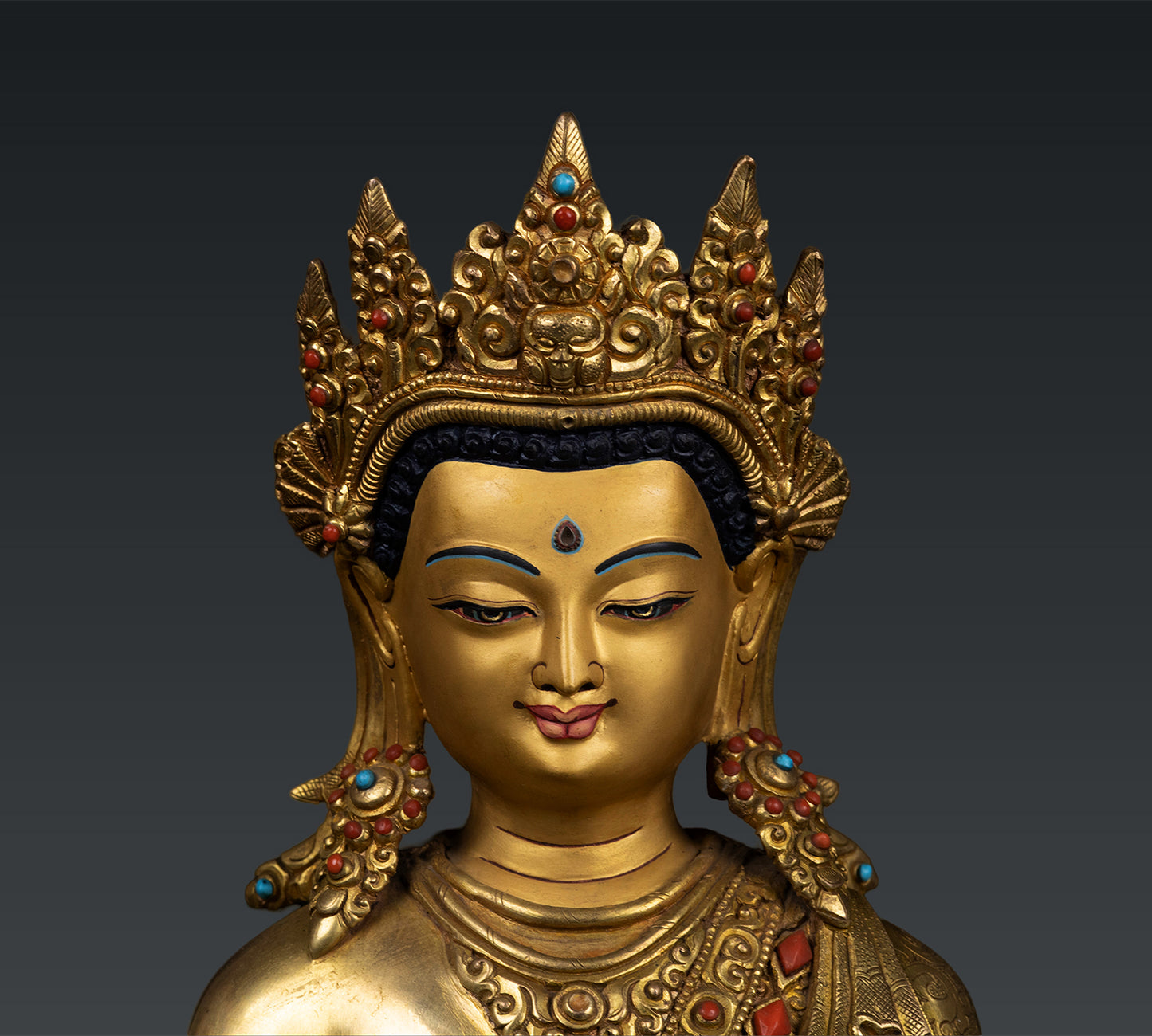 Unique Buddhis Crown Lord Shakyamuni Buddha Gold Plated Pure Copper Coral Stone Statue Sculpture Nepal free 126