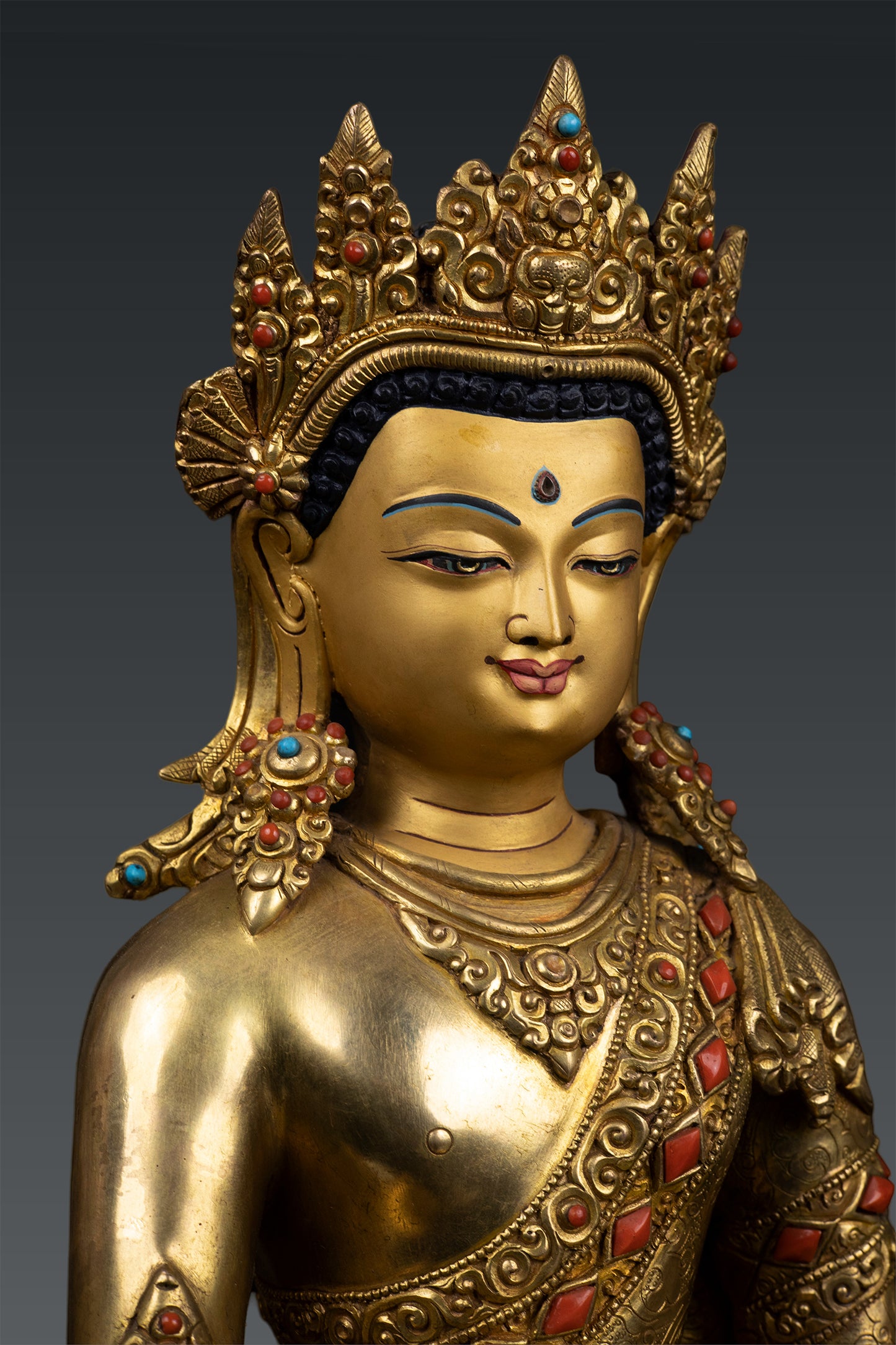 Unique Buddhis Crown Lord Shakyamuni Buddha Gold Plated Pure Copper Coral Stone Statue Sculpture Nepal free 126