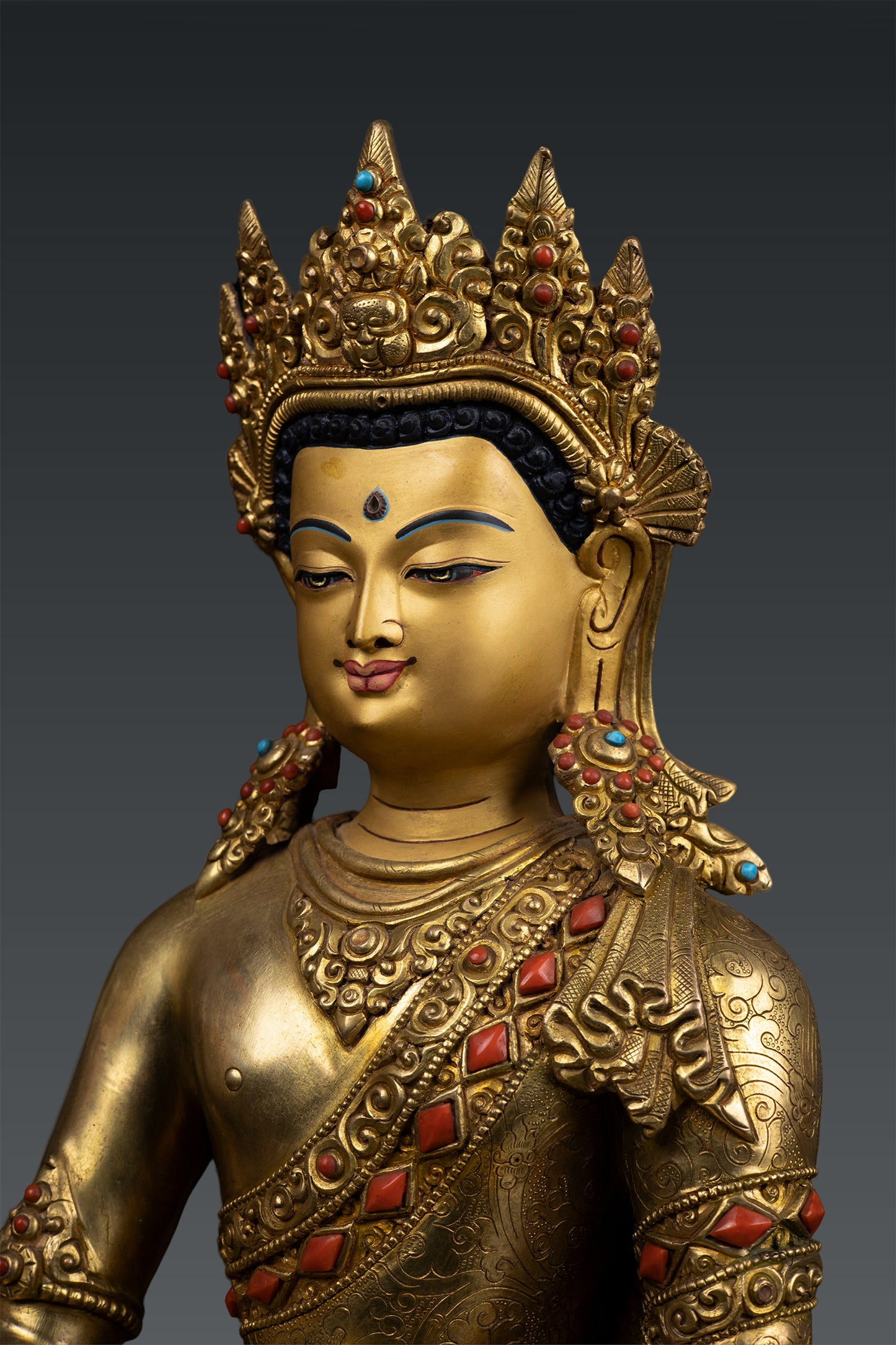 Unique Buddhis Crown Lord Shakyamuni Buddha Gold Plated Pure Copper Coral Stone Statue Sculpture Nepal free 126