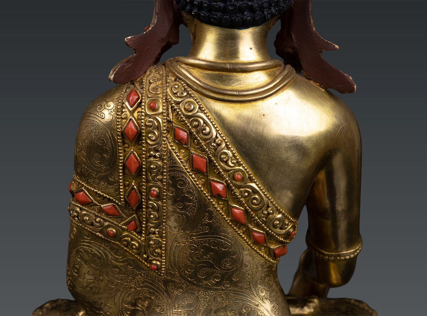 Unique Buddhis Crown Lord Shakyamuni Buddha Gold Plated Pure Copper Coral Stone Statue Sculpture Nepal free 126