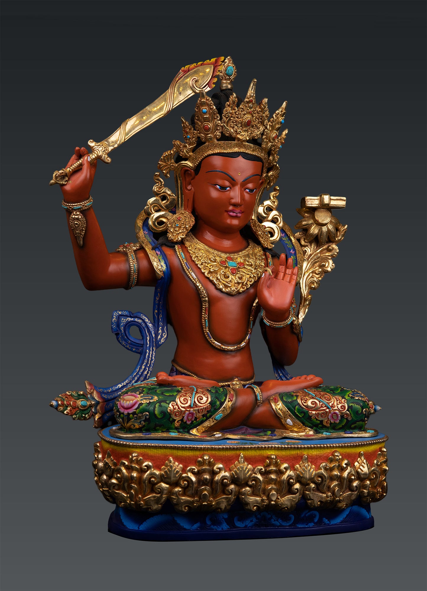 Unique Tibetan Buddhism Lord Manjushree Fine Hand Painting Pure Copper Statue Sculpture Figure Nepal free 137