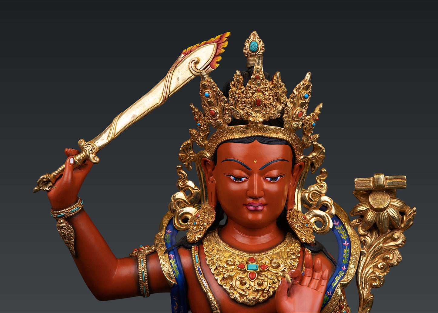 Unique Tibetan Buddhism Lord Manjushree Fine Hand Painting Pure Copper Statue Sculpture Figure Nepal free 137
