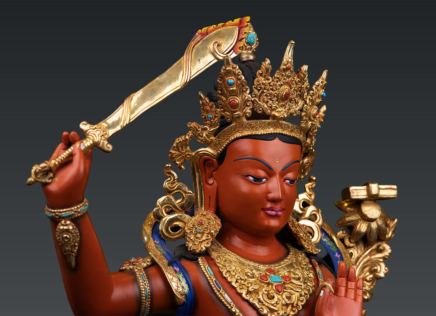 Unique Tibetan Buddhism Lord Manjushree Fine Hand Painting Pure Copper Statue Sculpture Figure Nepal free 137
