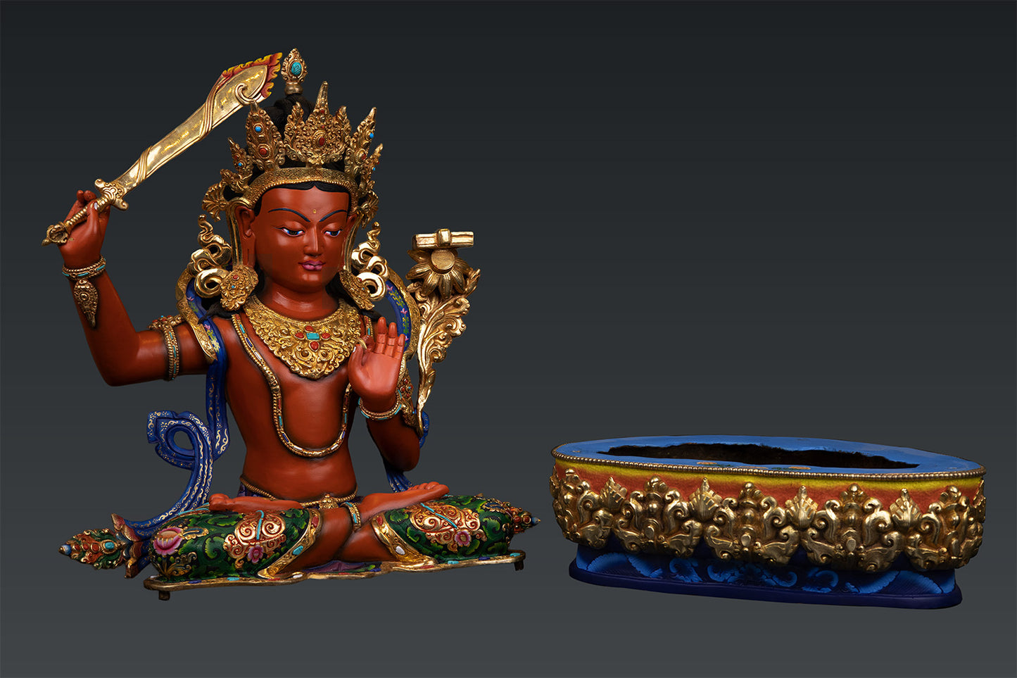 Unique Tibetan Buddhism Lord Manjushree Fine Hand Painting Pure Copper Statue Sculpture Figure Nepal free 137