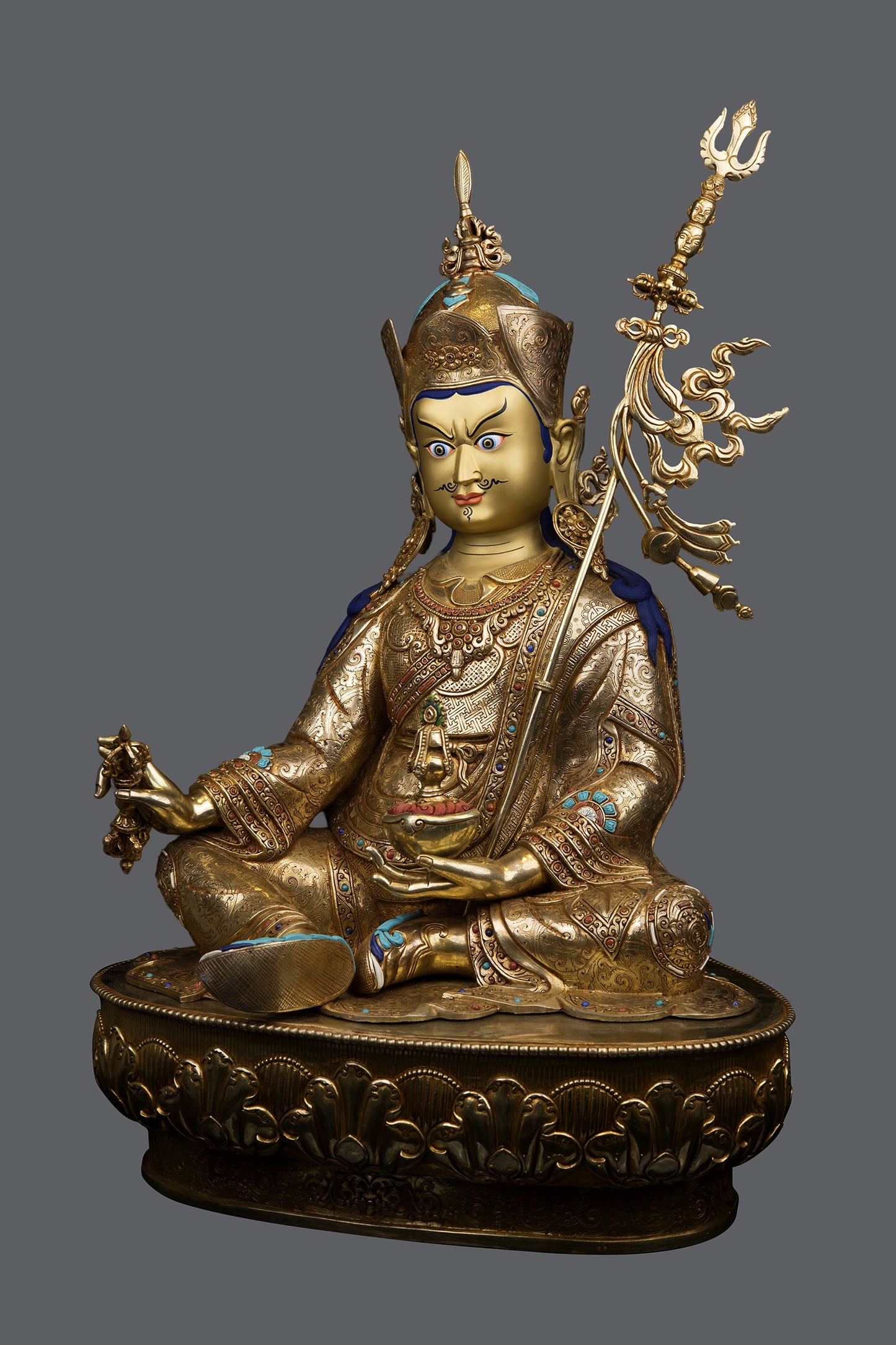 Unique 24K Gold Face Hand Painting Tibetan Buddhism Guru Rinpoche Padmasambhava Pure Copper Statue Sculpture Figure Nepal free