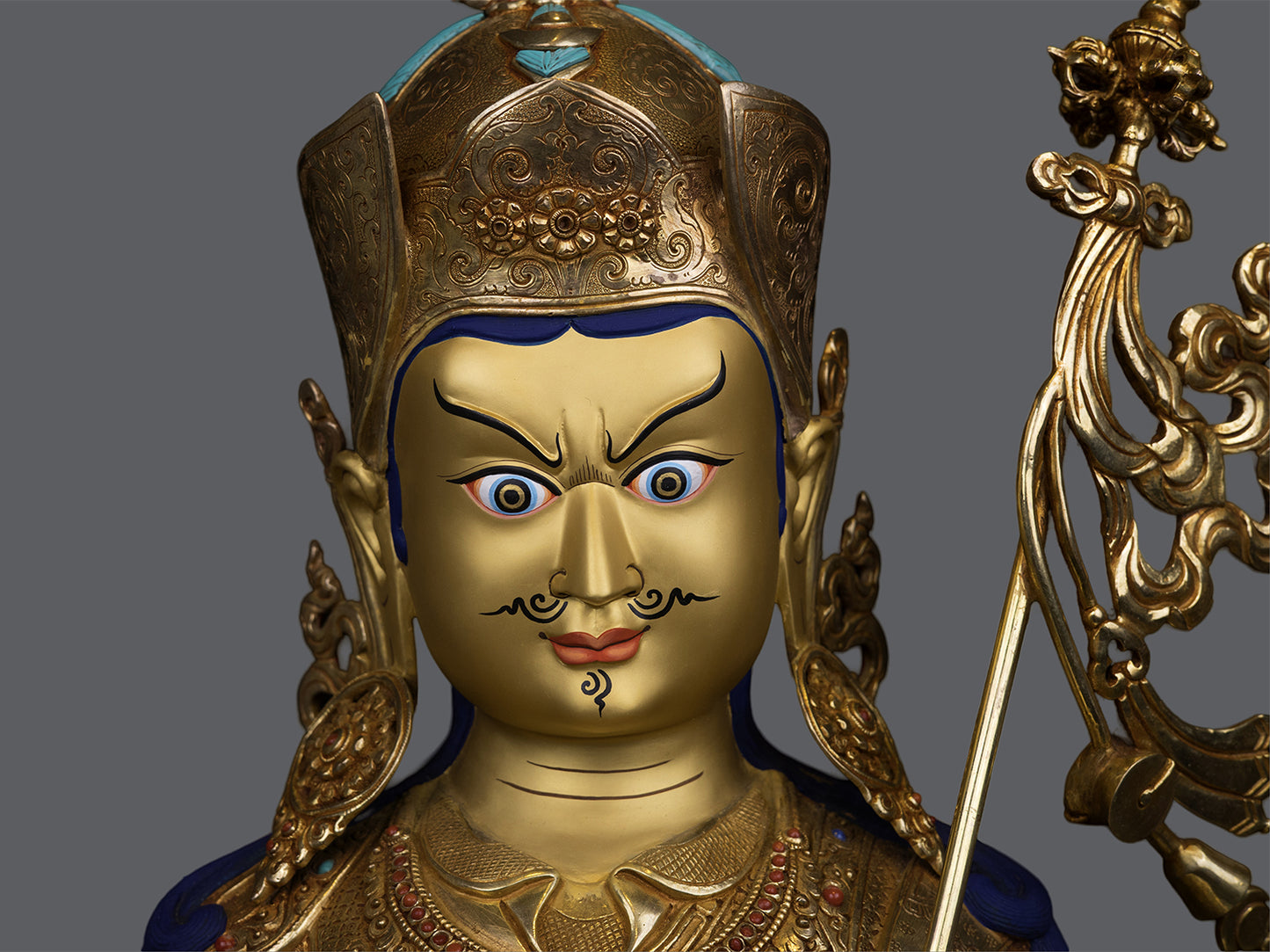 Unique 24K Gold Face Hand Painting Tibetan Buddhism Guru Rinpoche Padmasambhava Pure Copper Statue Sculpture Figure Nepal free