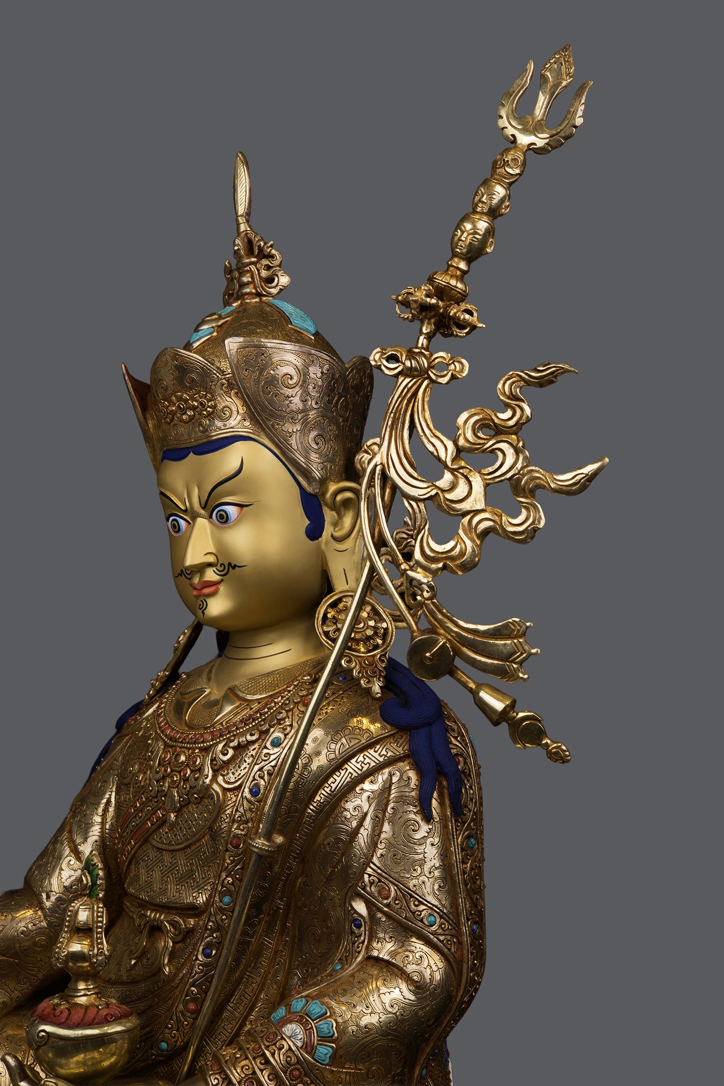 Unique 24K Gold Face Hand Painting Tibetan Buddhism Guru Rinpoche Padmasambhava Pure Copper Statue Sculpture Figure Nepal free