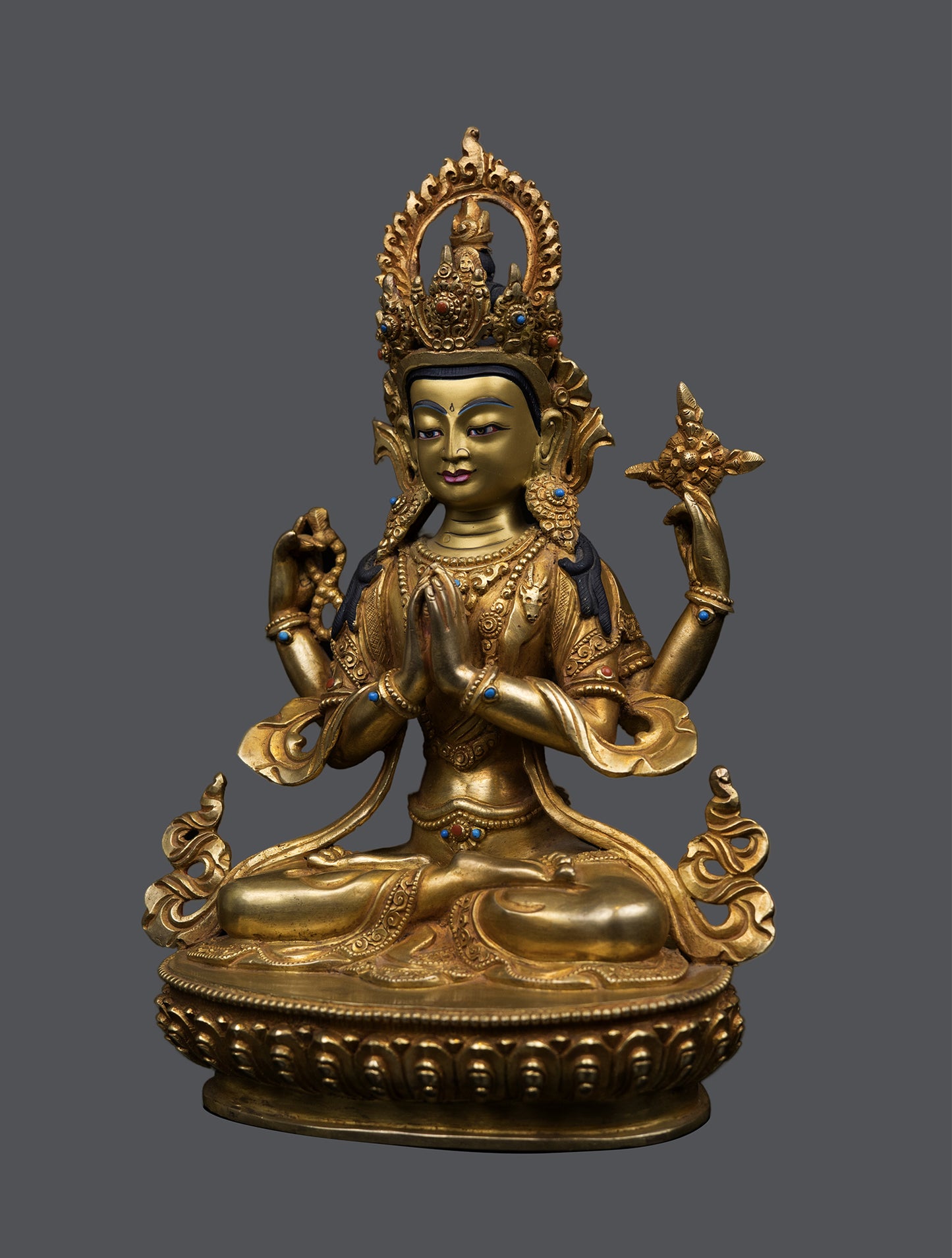Tibetan Buddhism Lord Chenrezig Khacheri 24K Gold Face Painting Pure Copper Statue Sculpture Figure Nepal free