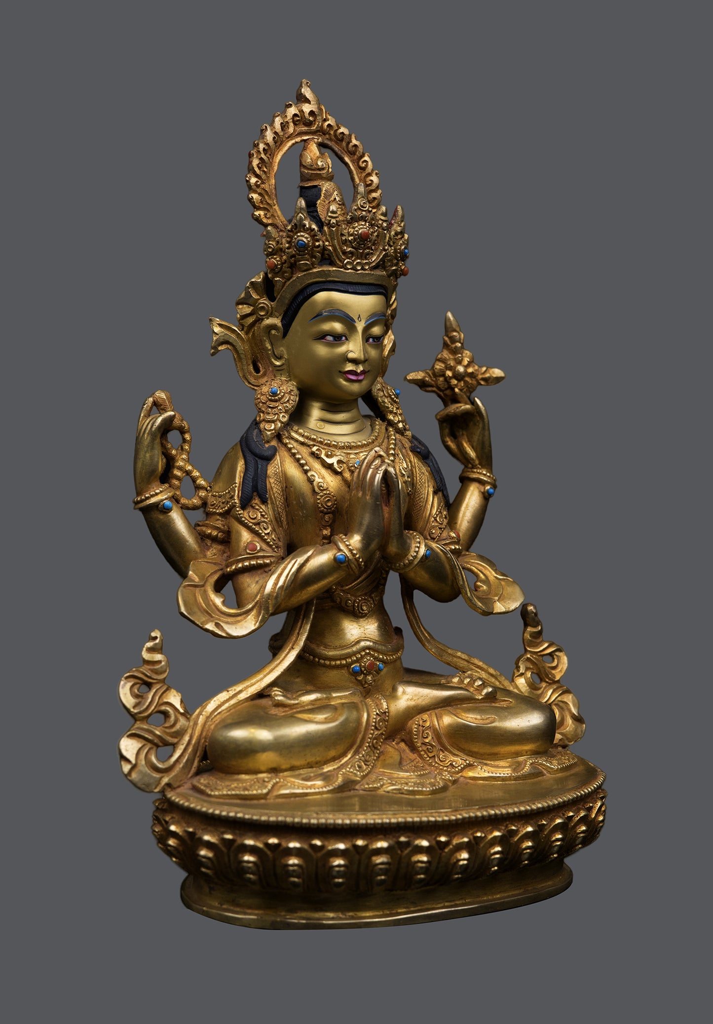 Tibetan Buddhism Lord Chenrezig Khacheri 24K Gold Face Painting Pure Copper Statue Sculpture Figure Nepal free