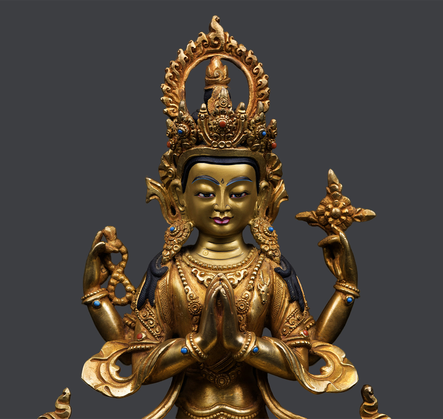 Tibetan Buddhism Lord Chenrezig Khacheri 24K Gold Face Painting Pure Copper Statue Sculpture Figure Nepal free