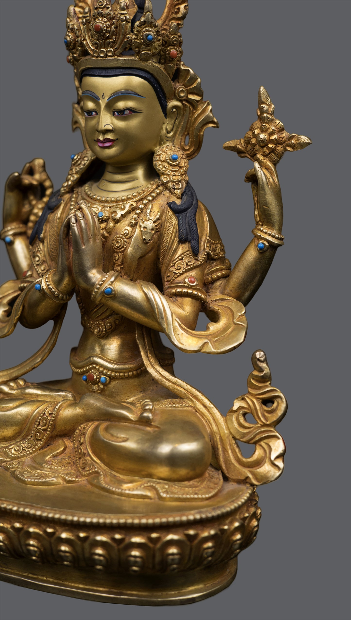 Tibetan Buddhism Lord Chenrezig Khacheri 24K Gold Face Painting Pure Copper Statue Sculpture Figure Nepal free