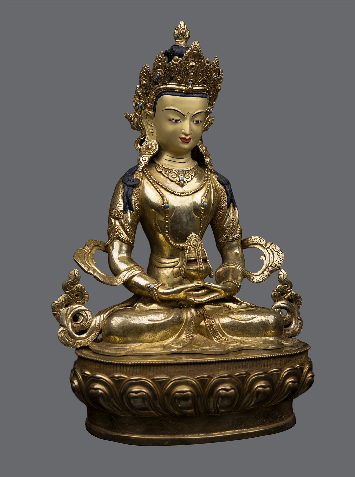 Tibetan Buddhism Gold Face Hand Painting Lord Aparimita Amitayus Buddha Pure Copper Statue Sculpture Figure Nepal free