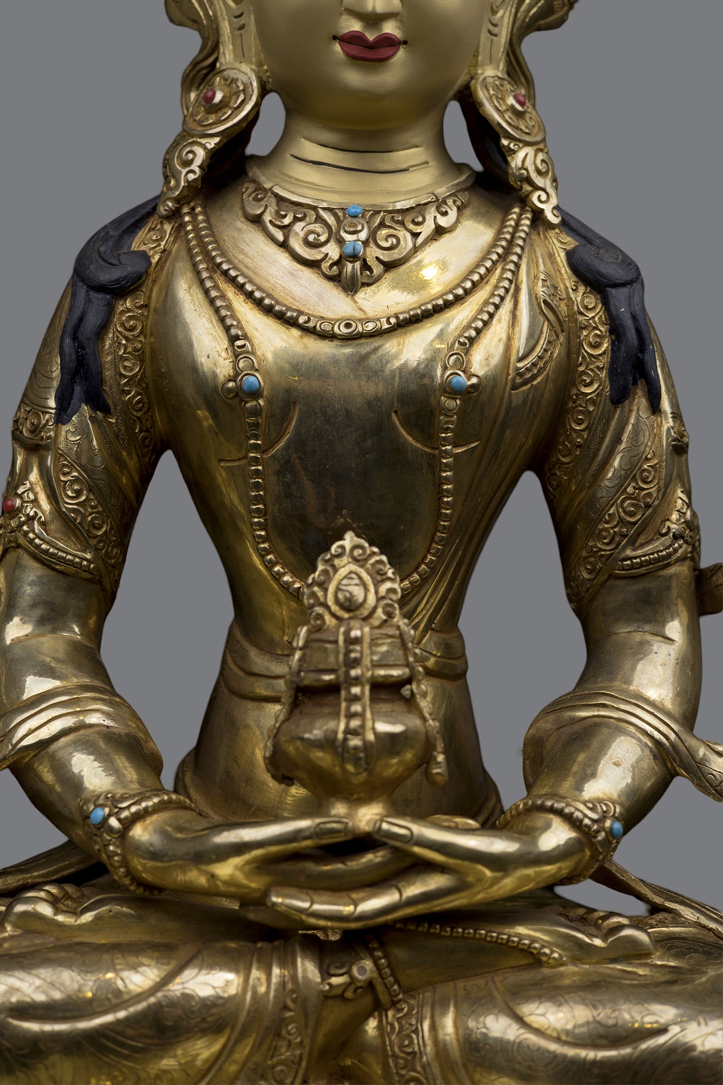 Tibetan Buddhism Gold Face Hand Painting Lord Aparimita Amitayus Buddha Pure Copper Statue Sculpture Figure Nepal free