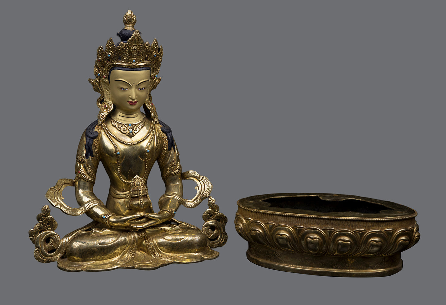 Tibetan Buddhism Gold Face Hand Painting Lord Aparimita Amitayus Buddha Pure Copper Statue Sculpture Figure Nepal free