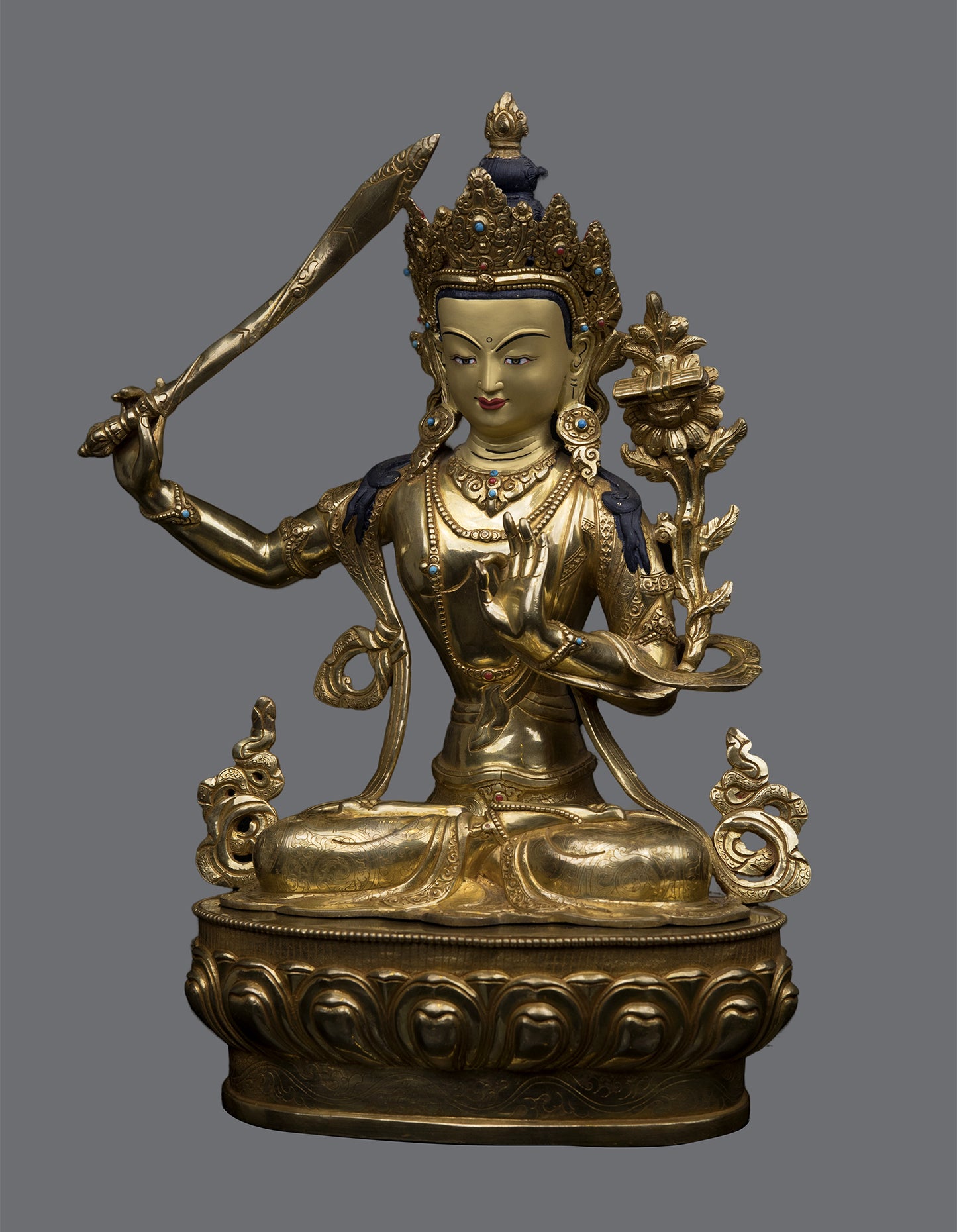 Tibetan Buddhism Lord Manjushri Gold Face Hand Painting Pure Copper Statue Sculpture Figure Nepal free