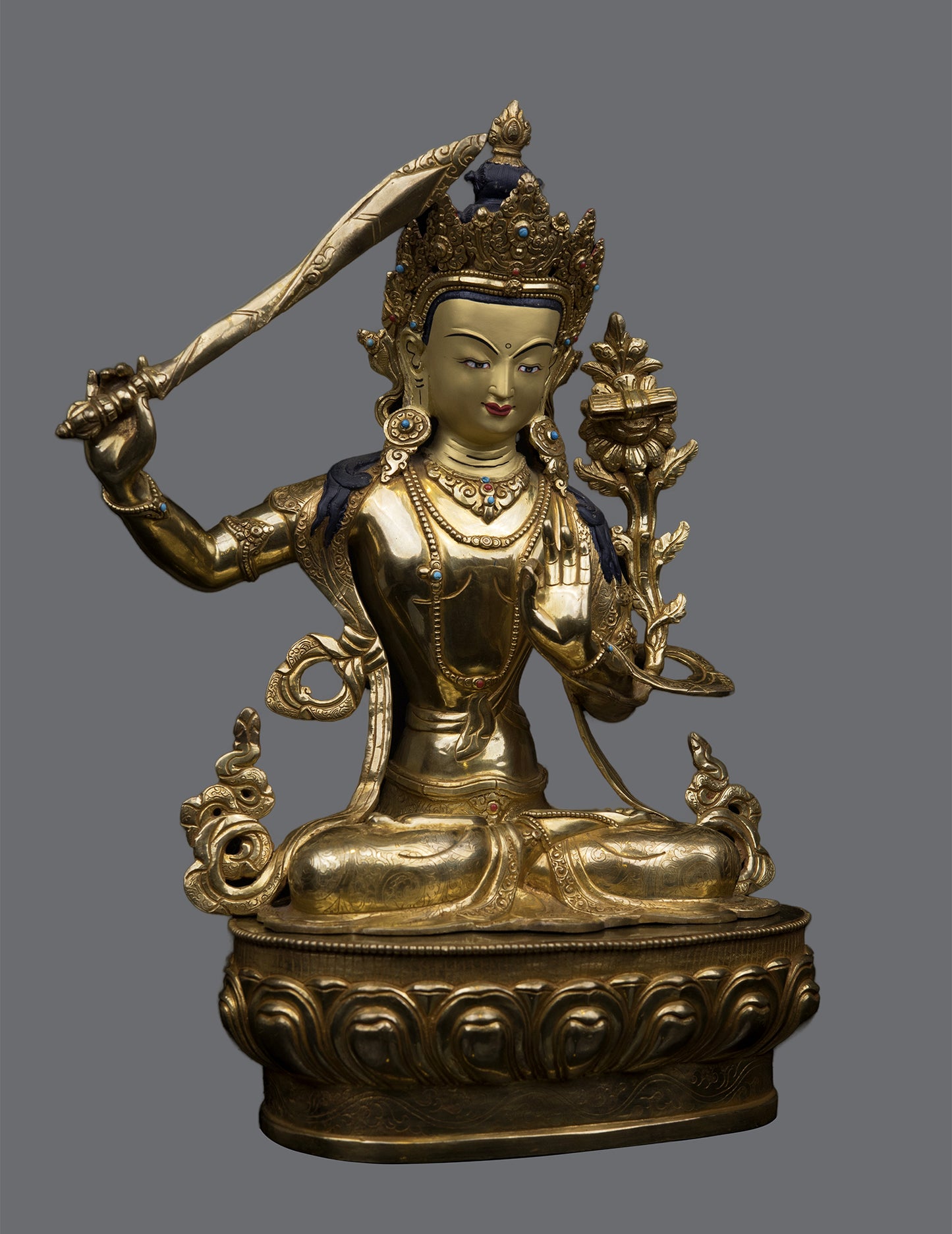 Tibetan Buddhism Lord Manjushri Gold Face Hand Painting Pure Copper Statue Sculpture Figure Nepal free
