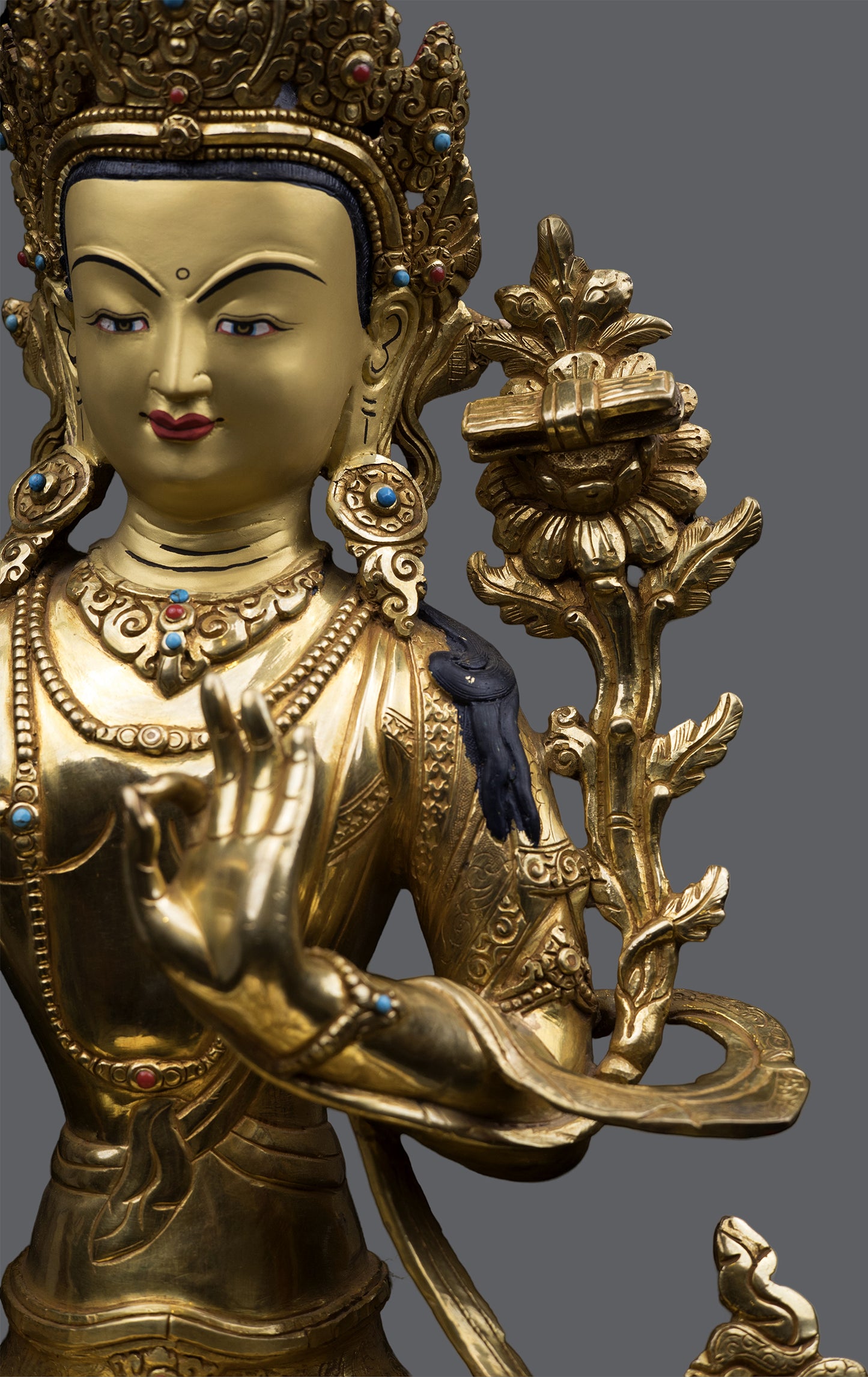 Tibetan Buddhism Lord Manjushri Gold Face Hand Painting Pure Copper Statue Sculpture Figure Nepal free
