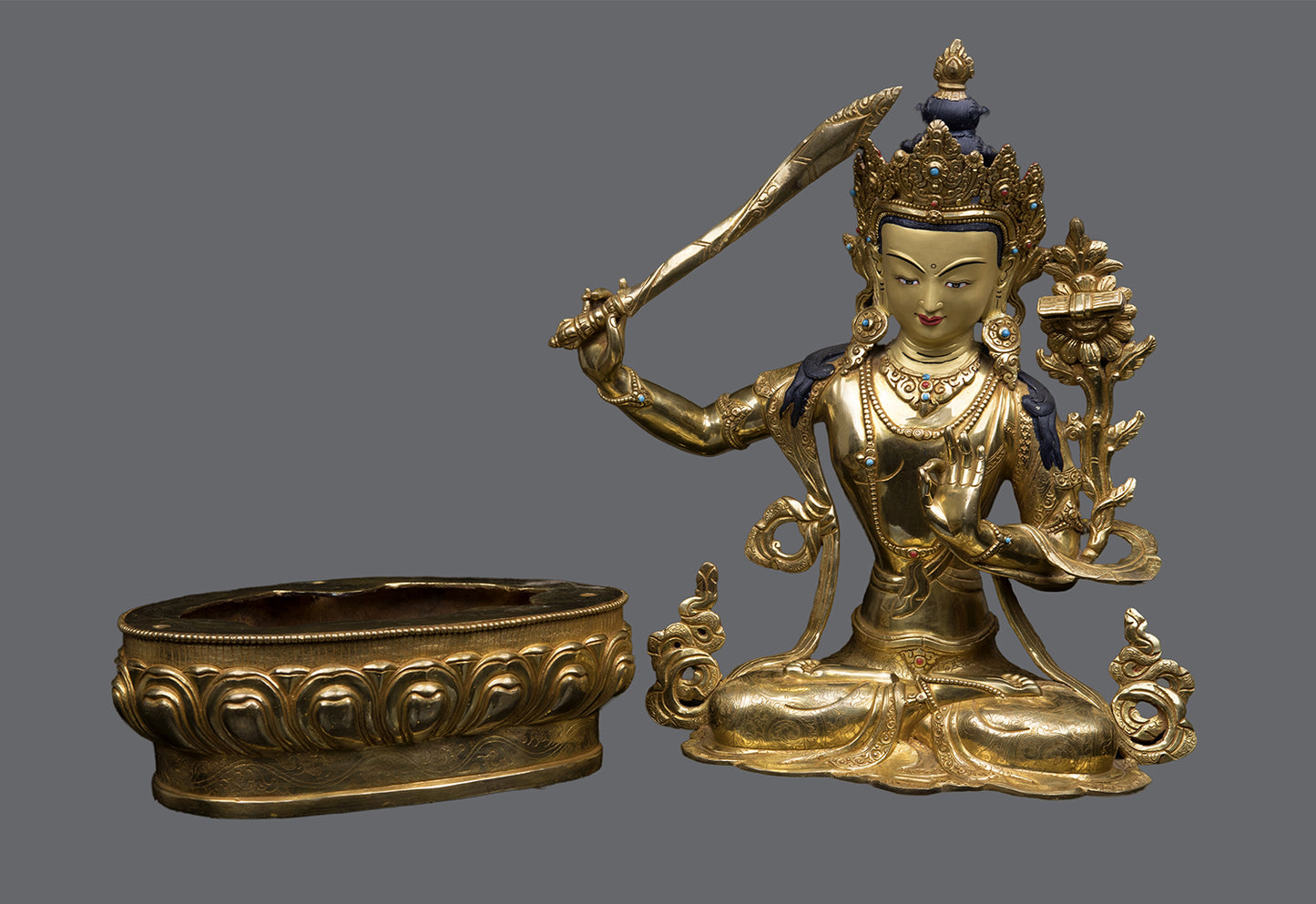 Tibetan Buddhism Lord Manjushri Gold Face Hand Painting Pure Copper Statue Sculpture Figure Nepal free