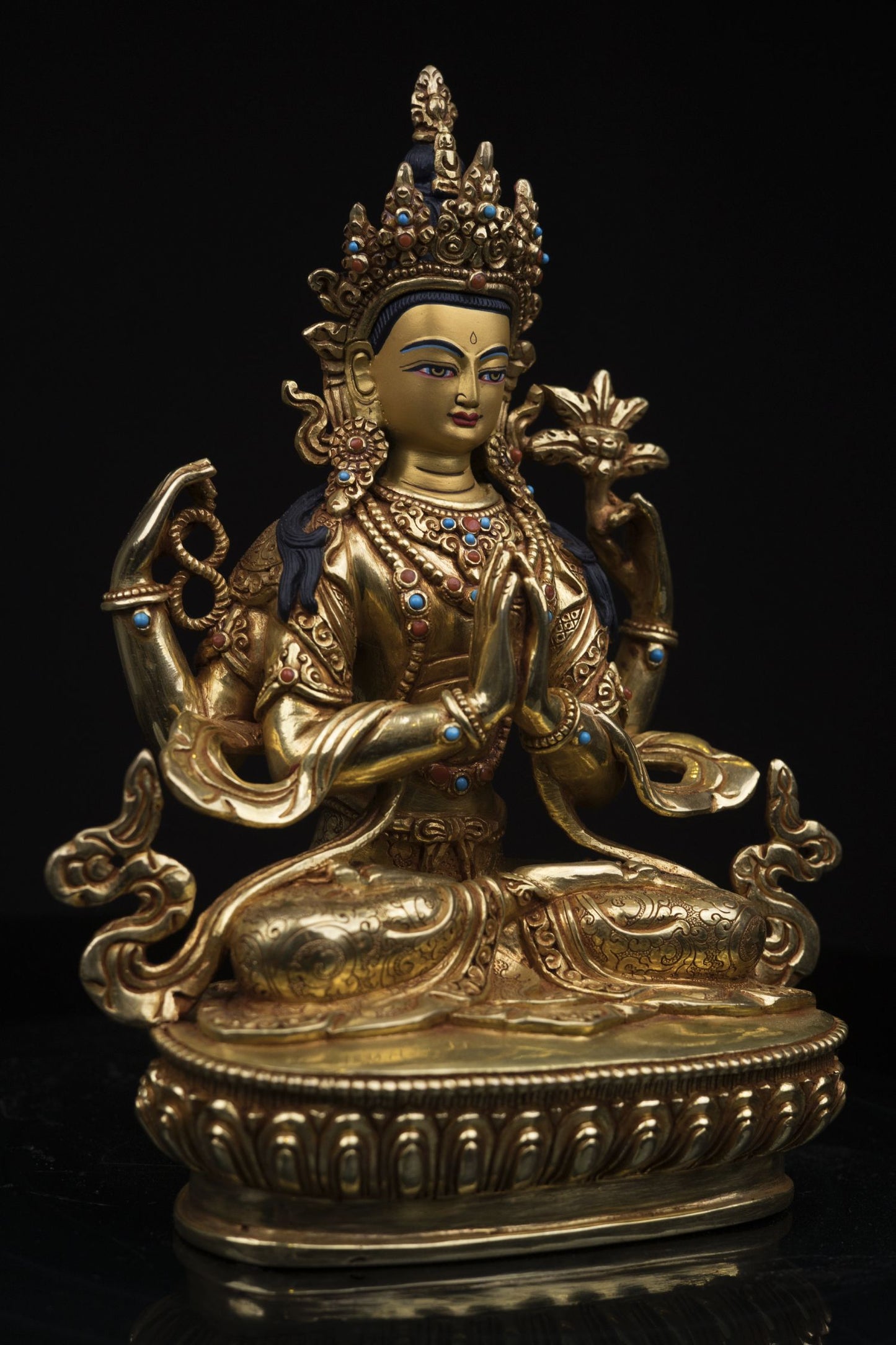 Tibetan Buddhism Lord Chenrezig Khacheri 24K Gold Face Hand Craved Copper Oxide Statue Figure Sculpture free