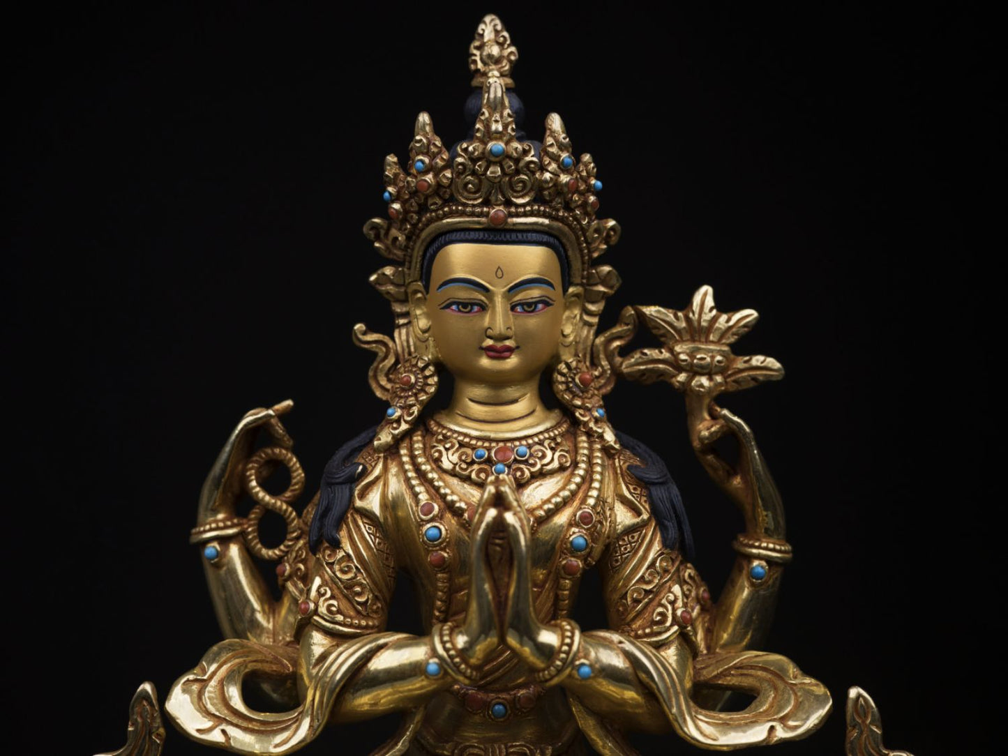 Tibetan Buddhism Lord Chenrezig Khacheri 24K Gold Face Hand Craved Copper Oxide Statue Figure Sculpture free