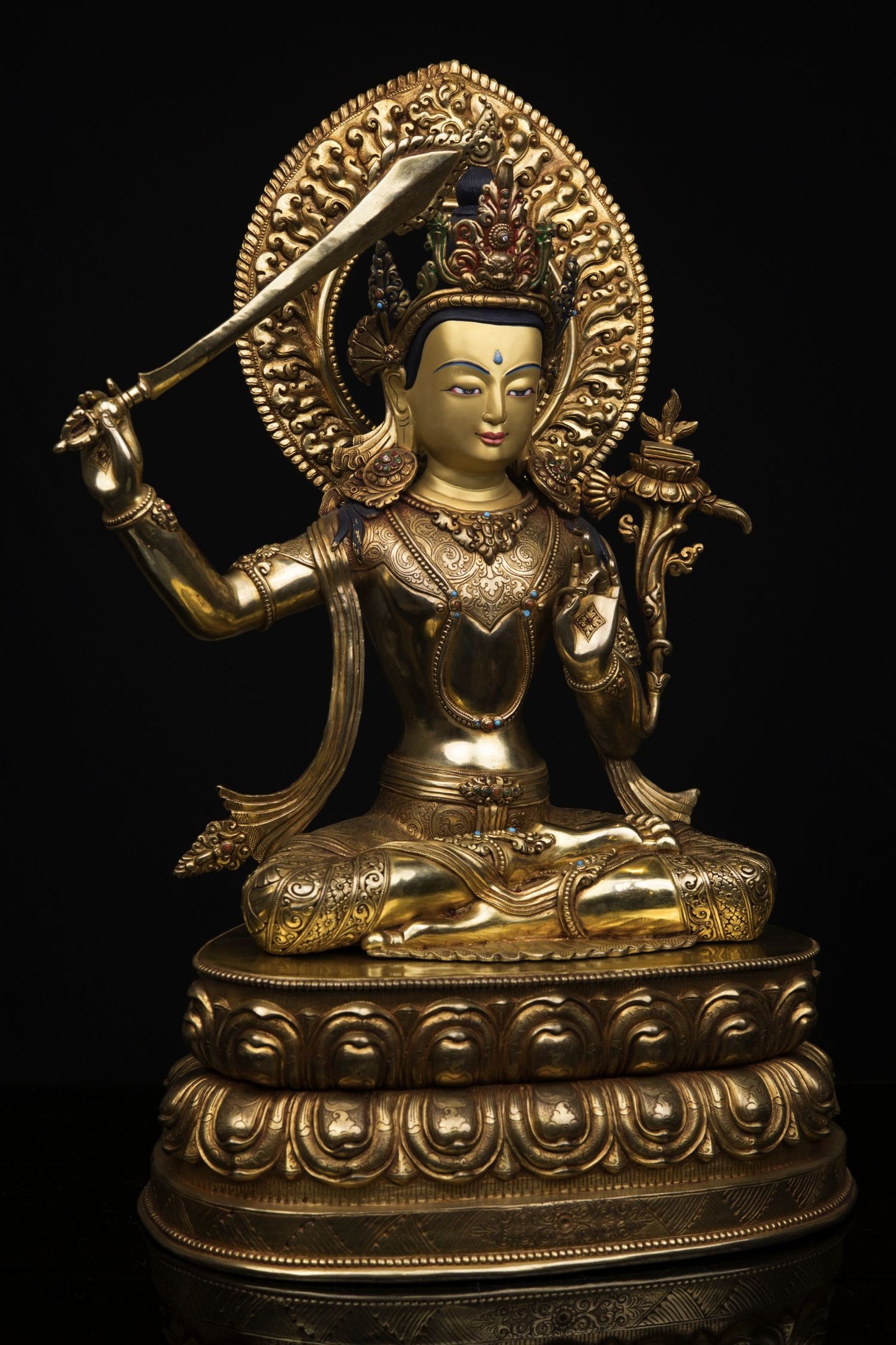 Unique Tibetan Buddhism Lord Manjushri Gold Plated Pure Copper Statue Figure Sculpture Nepal free
