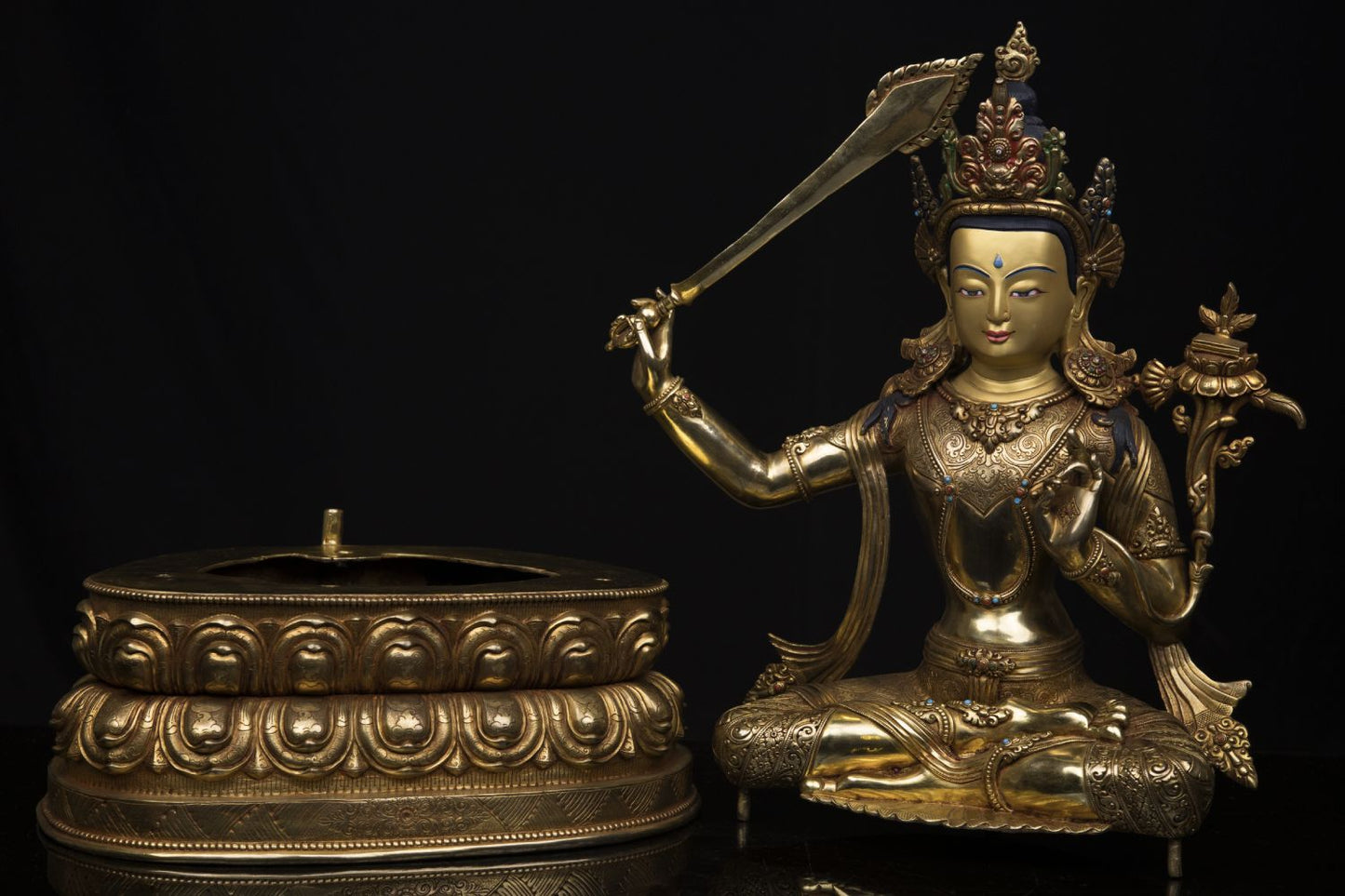 Unique Tibetan Buddhism Lord Manjushri Gold Plated Pure Copper Statue Figure Sculpture Nepal free