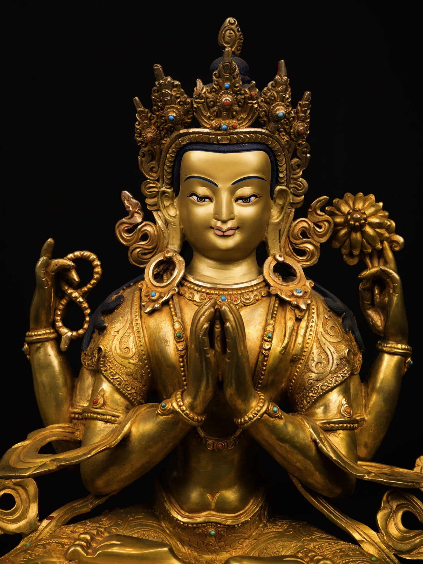 24K Gold Face Tibetan Lord Chenrezig Khacheri Copper Oxide Statue Sculpture Figure Nepal free