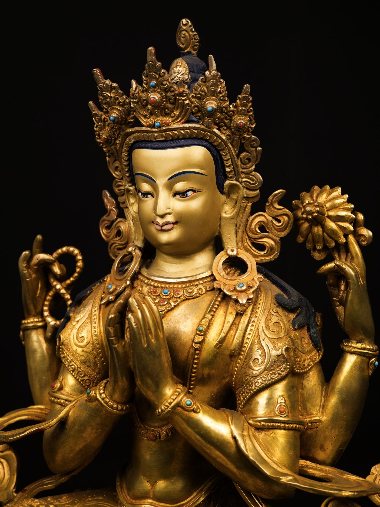 24K Gold Face Tibetan Lord Chenrezig Khacheri Copper Oxide Statue Sculpture Figure Nepal free