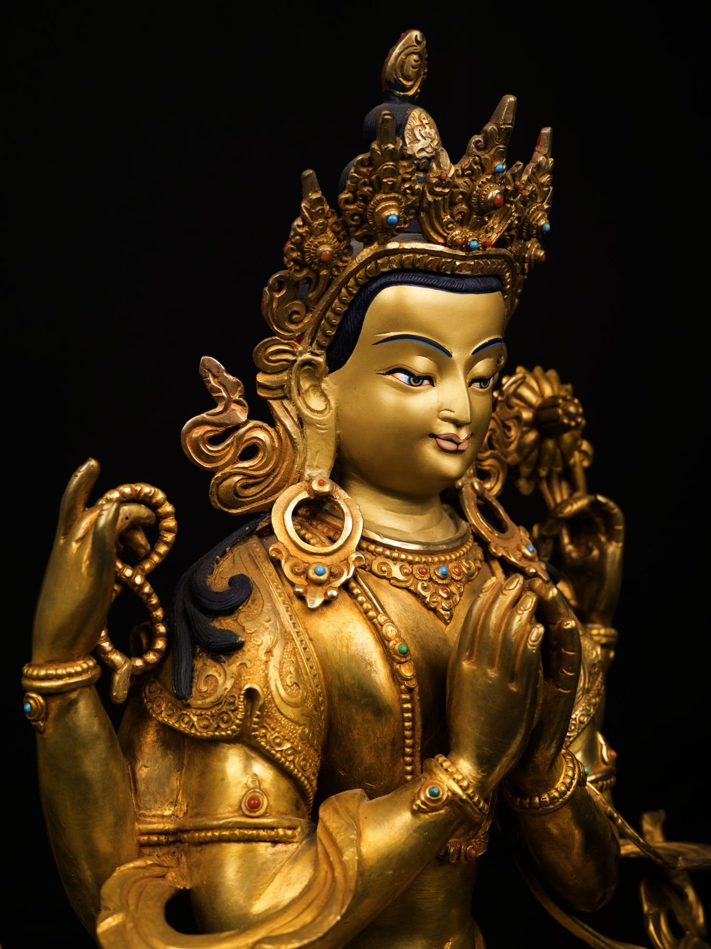 24K Gold Face Tibetan Lord Chenrezig Khacheri Copper Oxide Statue Sculpture Figure Nepal free