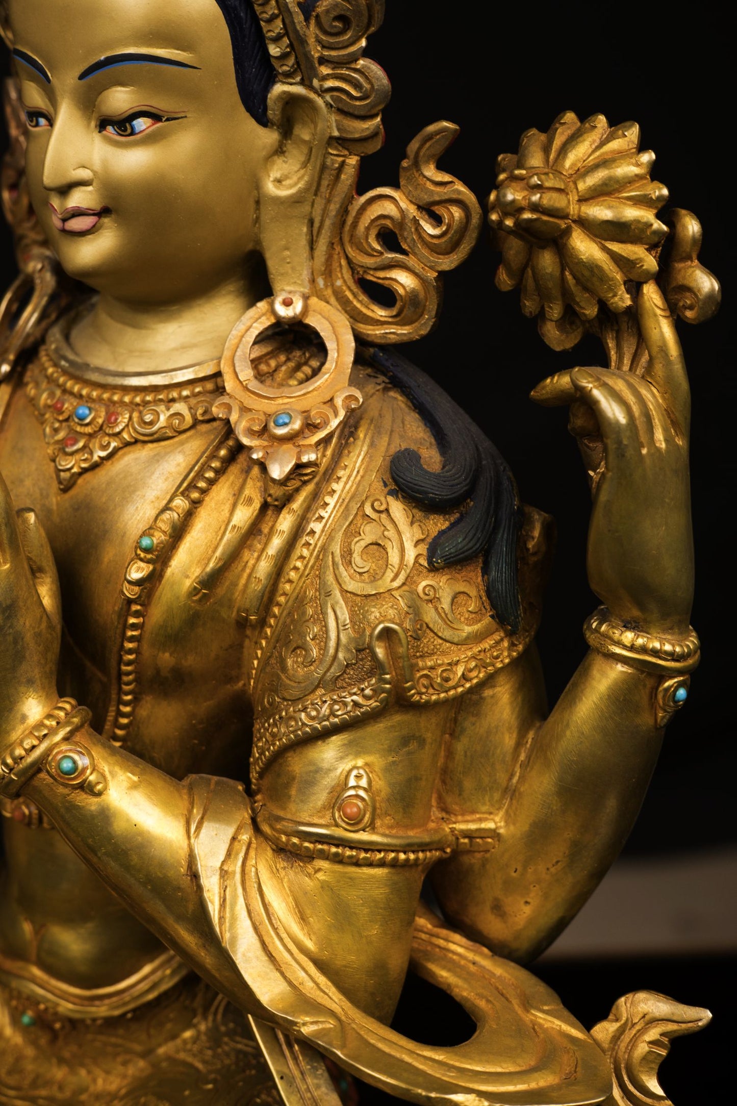 24K Gold Face Tibetan Lord Chenrezig Khacheri Copper Oxide Statue Sculpture Figure Nepal free
