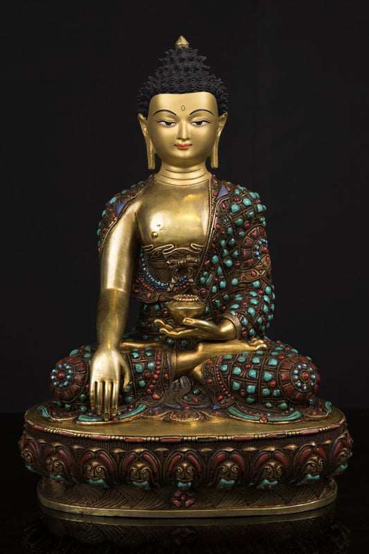 Lord Shakyamuni Buddha Copper Real Stone Turquoise Coral Lapiz Statue Sculpture Figure Nepal free
