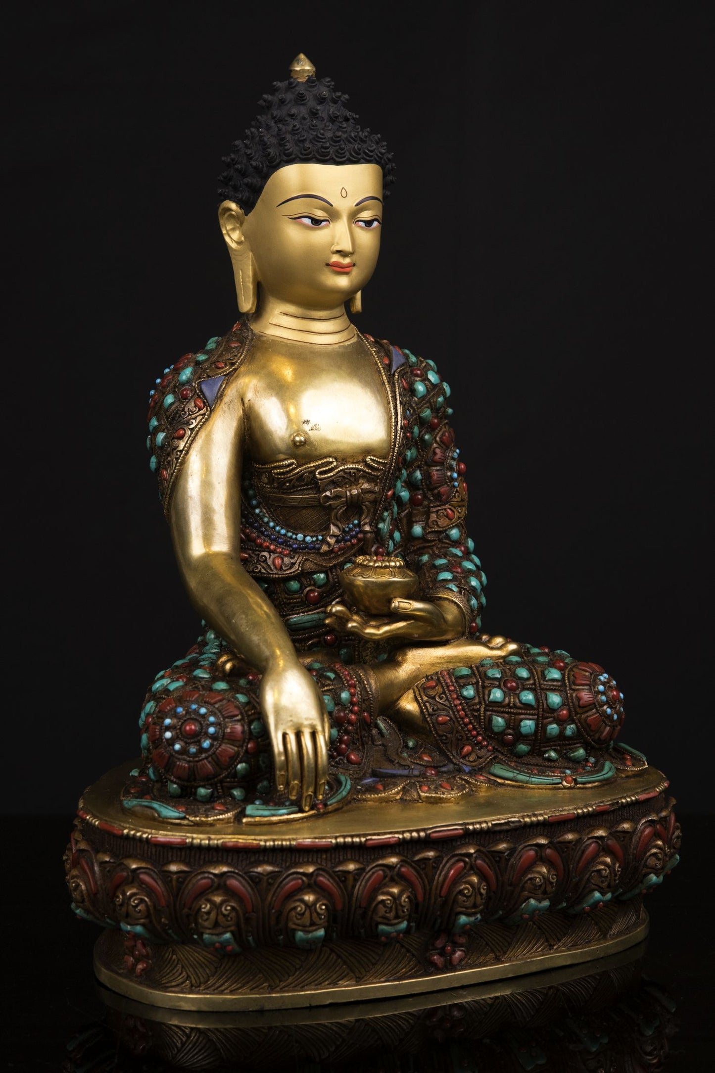 Lord Shakyamuni Buddha Copper Real Stone Turquoise Coral Lapiz Statue Sculpture Figure Nepal free
