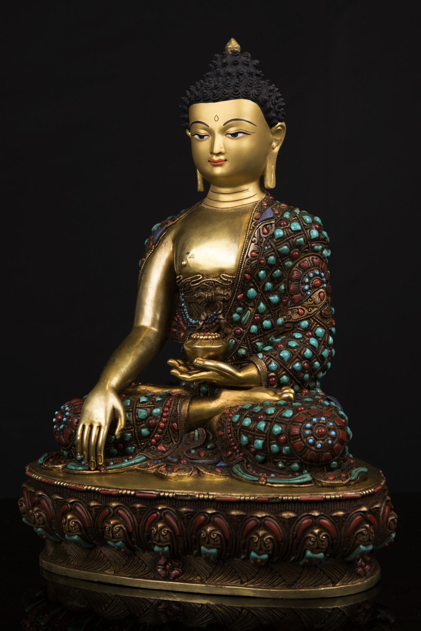 Lord Shakyamuni Buddha Copper Real Stone Turquoise Coral Lapiz Statue Sculpture Figure Nepal free
