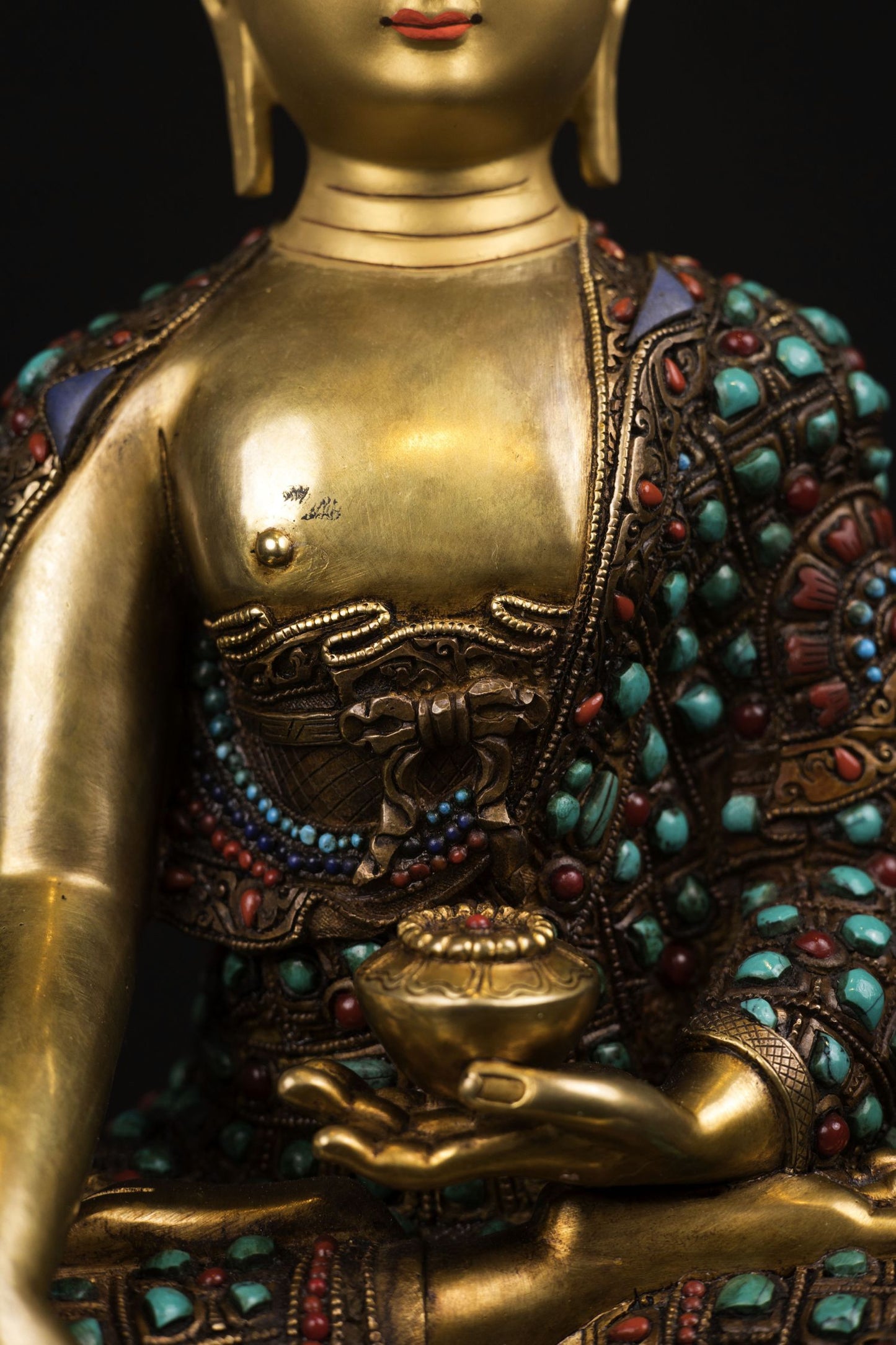 Lord Shakyamuni Buddha Copper Real Stone Turquoise Coral Lapiz Statue Sculpture Figure Nepal free