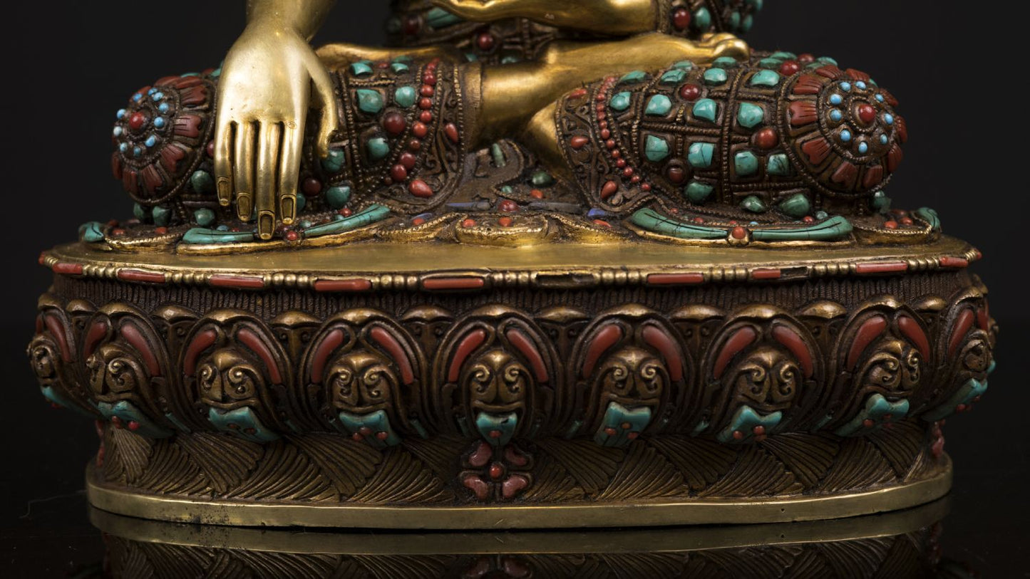 Lord Shakyamuni Buddha Copper Real Stone Turquoise Coral Lapiz Statue Sculpture Figure Nepal free