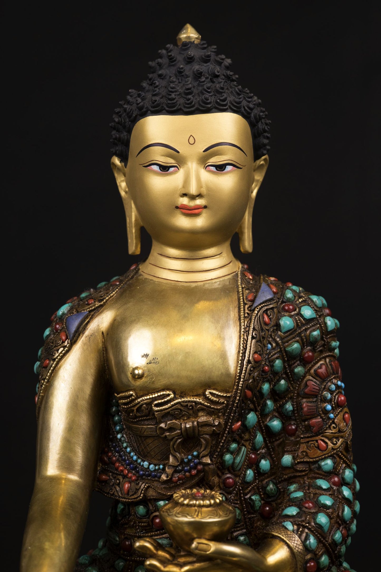 Lord Shakyamuni Buddha Copper Real Stone Turquoise Coral Lapiz Statue Sculpture Figure Nepal free