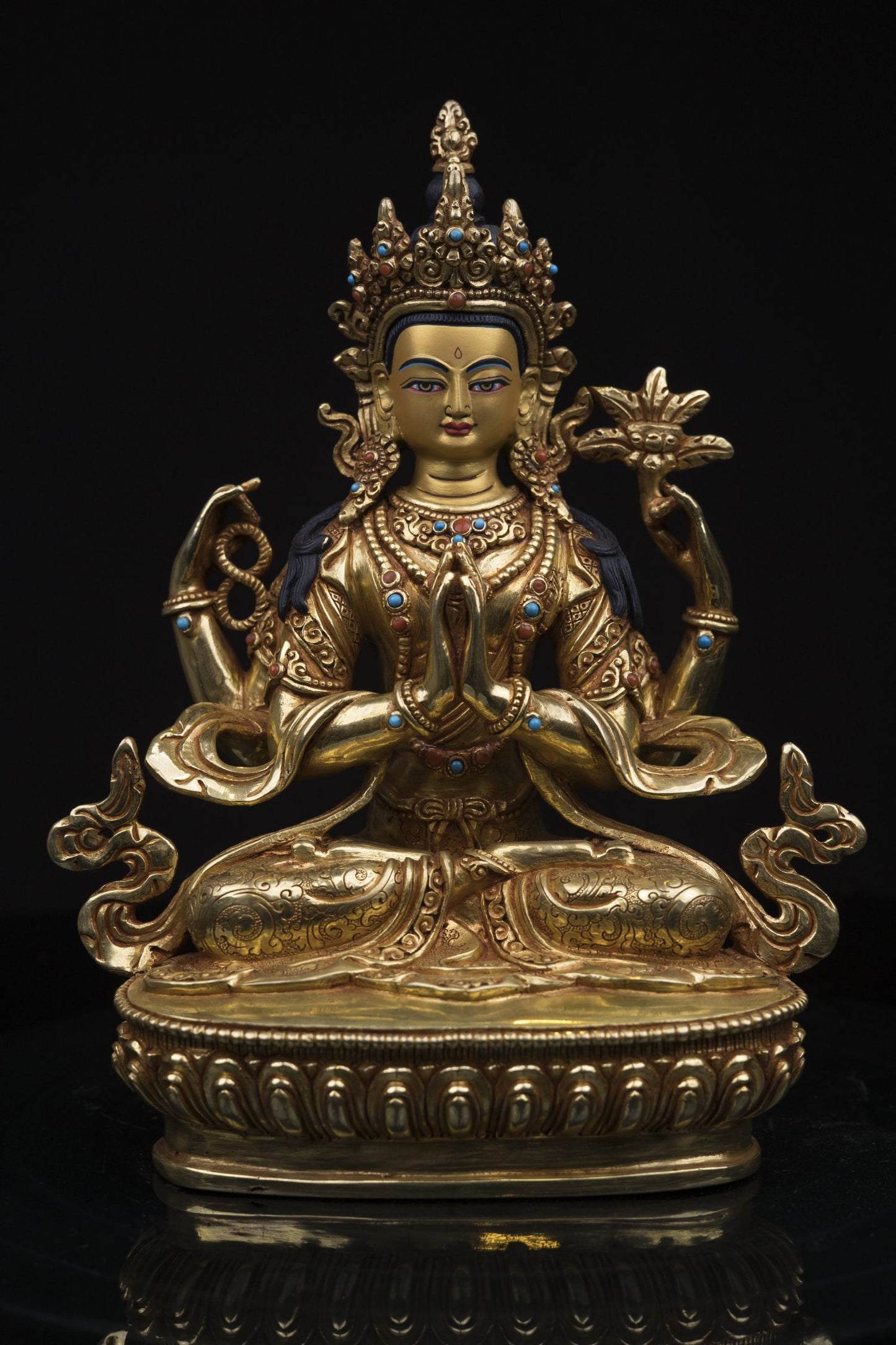 Tibetan Buddhism Lord Chenrezig Khacheri 24K Gold Face Hand Craved Copper Oxide Statue Figure Sculpture free