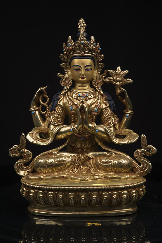 Tibetan Buddhism Lord Chenrezig Khacheri 24K Gold Face Hand Craved Copper Oxide Statue Figure Sculpture free