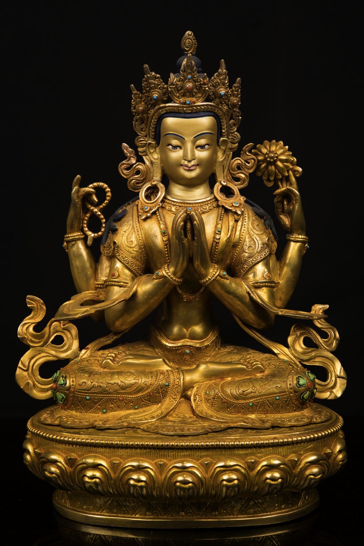 24K Gold Face Tibetan Lord Chenrezig Khacheri Copper Oxide Statue Sculpture Figure Nepal free