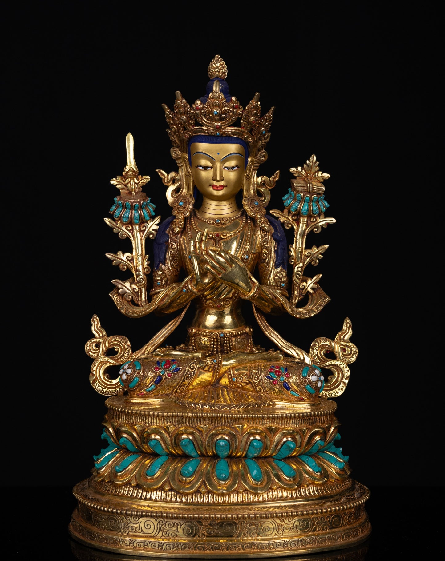 Tibetan Buddhism Lord Manjushri Gold Face Paint Copper Gold Plated Turquoise Lapiz Coral Stone Statue Figure Sculpture Nepal free