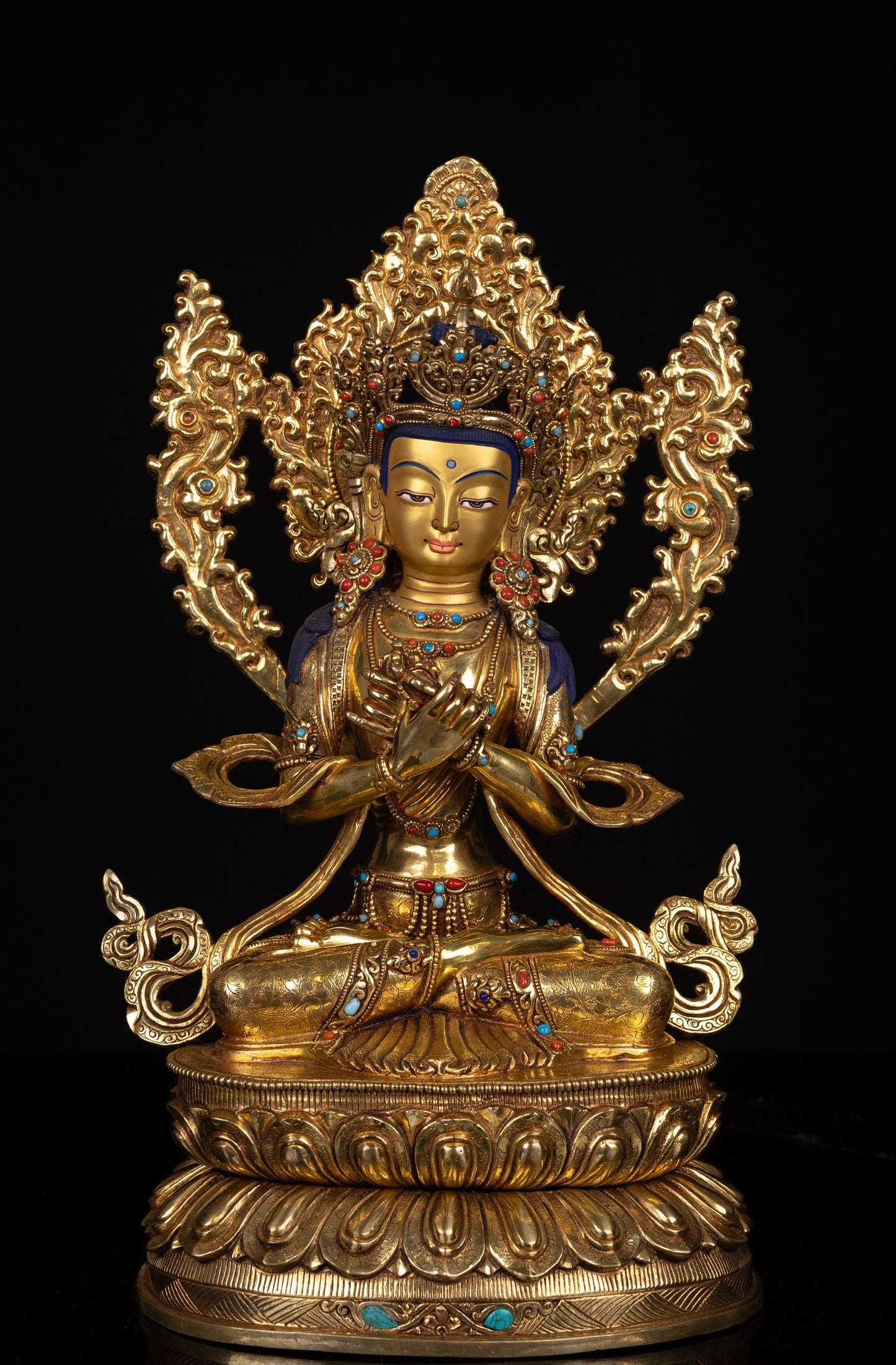 Tibetan Buddhism Gold Face Hand Painting Lord Vajradhara Copper Turquoise Coral Stone Statue Sculpture Figure Nepal free