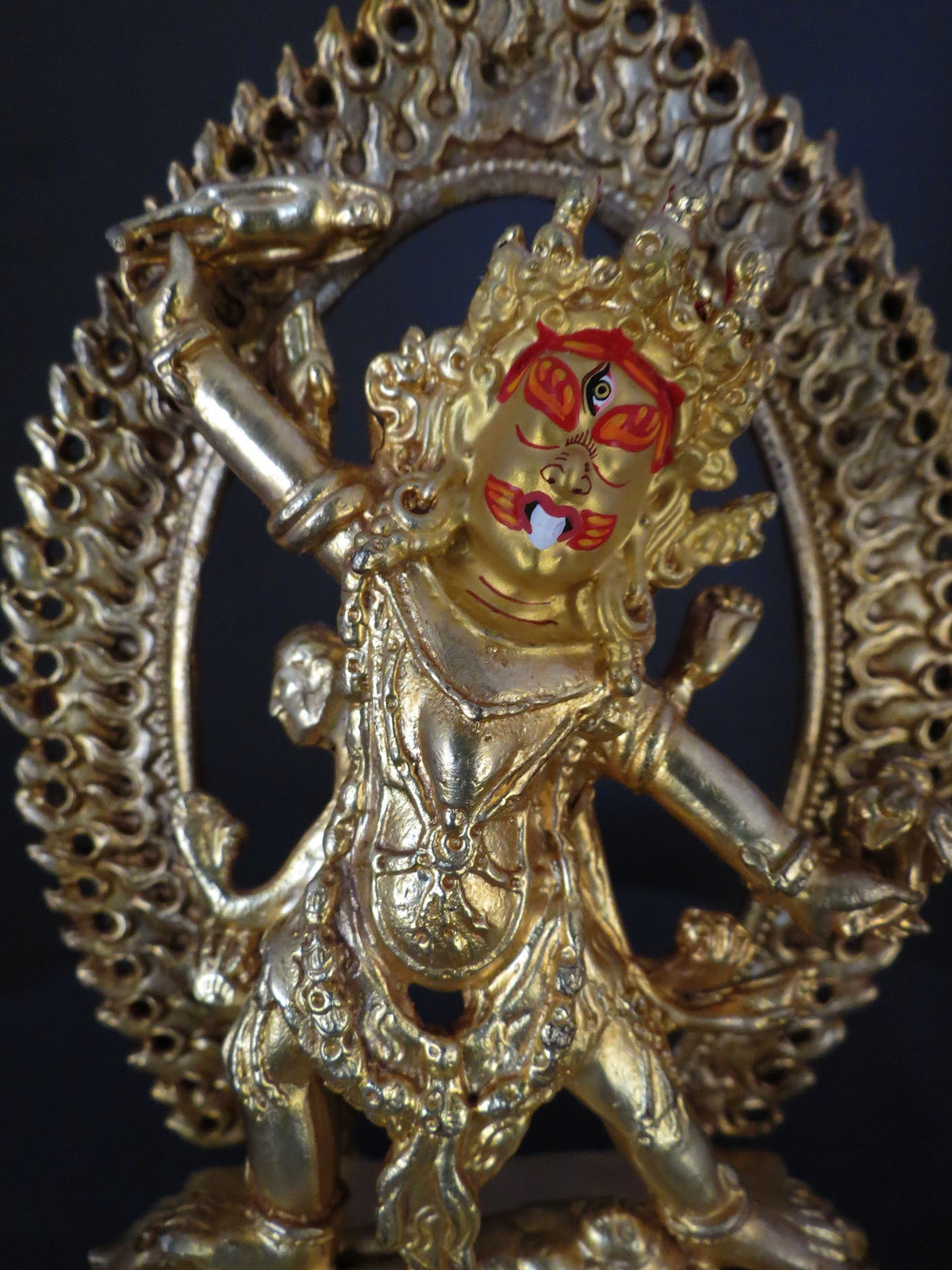 Tibetan Buddhism Gold Face Hand painting Wrathful Deity Ekajata Ekajati Gold Plated Copper Statue