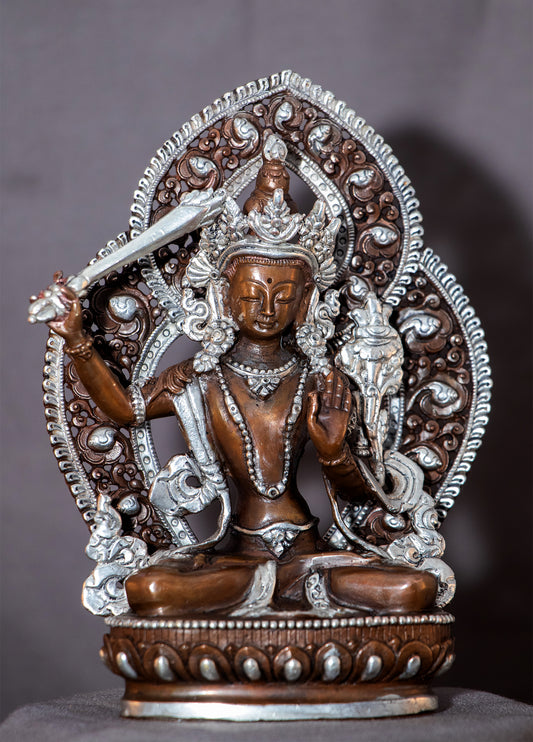 Tibetan Buddhism 15 cm Lord Manjushri Silver Oxide Copper Statue Sculpture Figure Nepal free