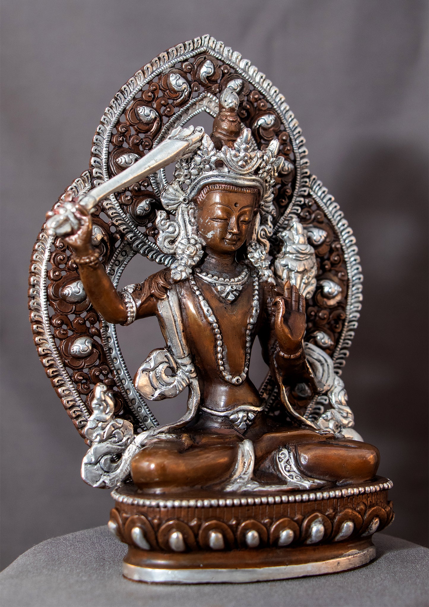 Tibetan Buddhism 15 cm Lord Manjushree Silver Oxide Copper Statue Sculpture Figure Nepal free