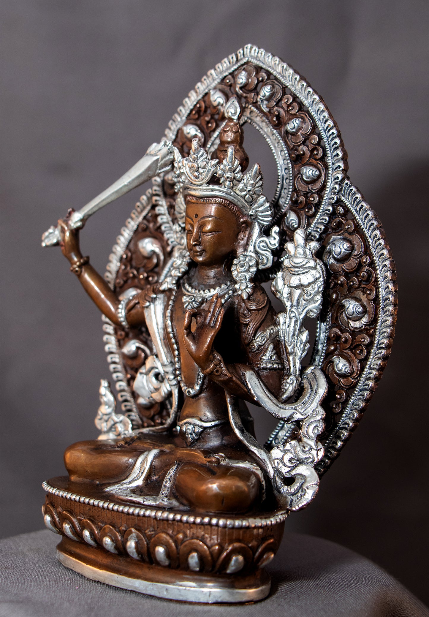 Tibetan Buddhism 15 cm Lord Manjushree Silver Oxide Copper Statue Sculpture Figure Nepal free